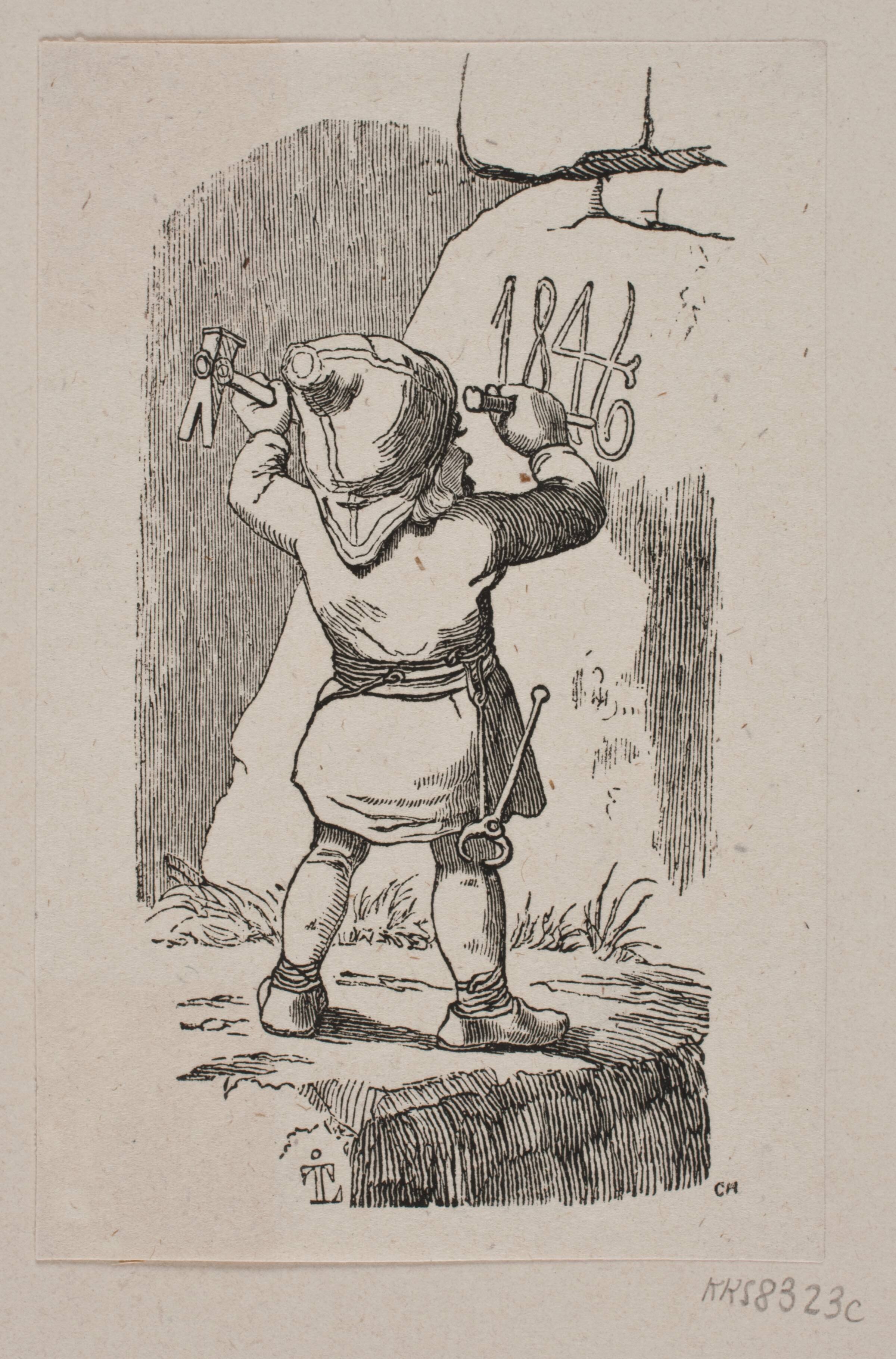 En nisse indhugger årstallet 1846 i en klippe, H.C. Henneberg, 1846