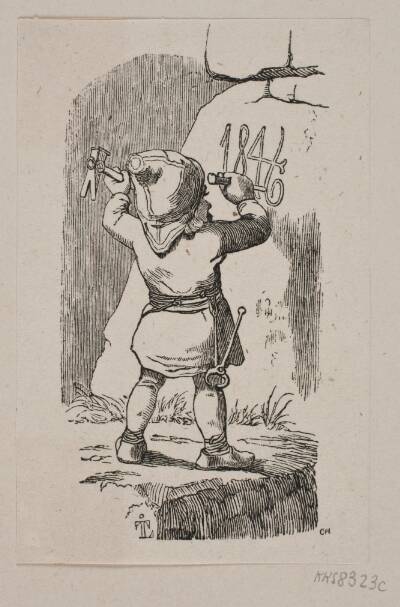En nisse indhugger årstallet 1846 i en klippe