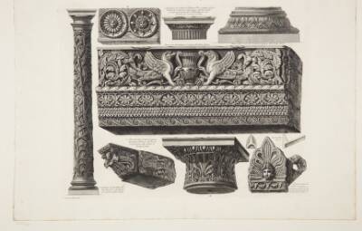 Vaser, kandelabre, gravsten, sarkofager, trefødder, lamper og ornamenter, tegnet og raderet af Cavaliere Giovanni Battista Piranesi