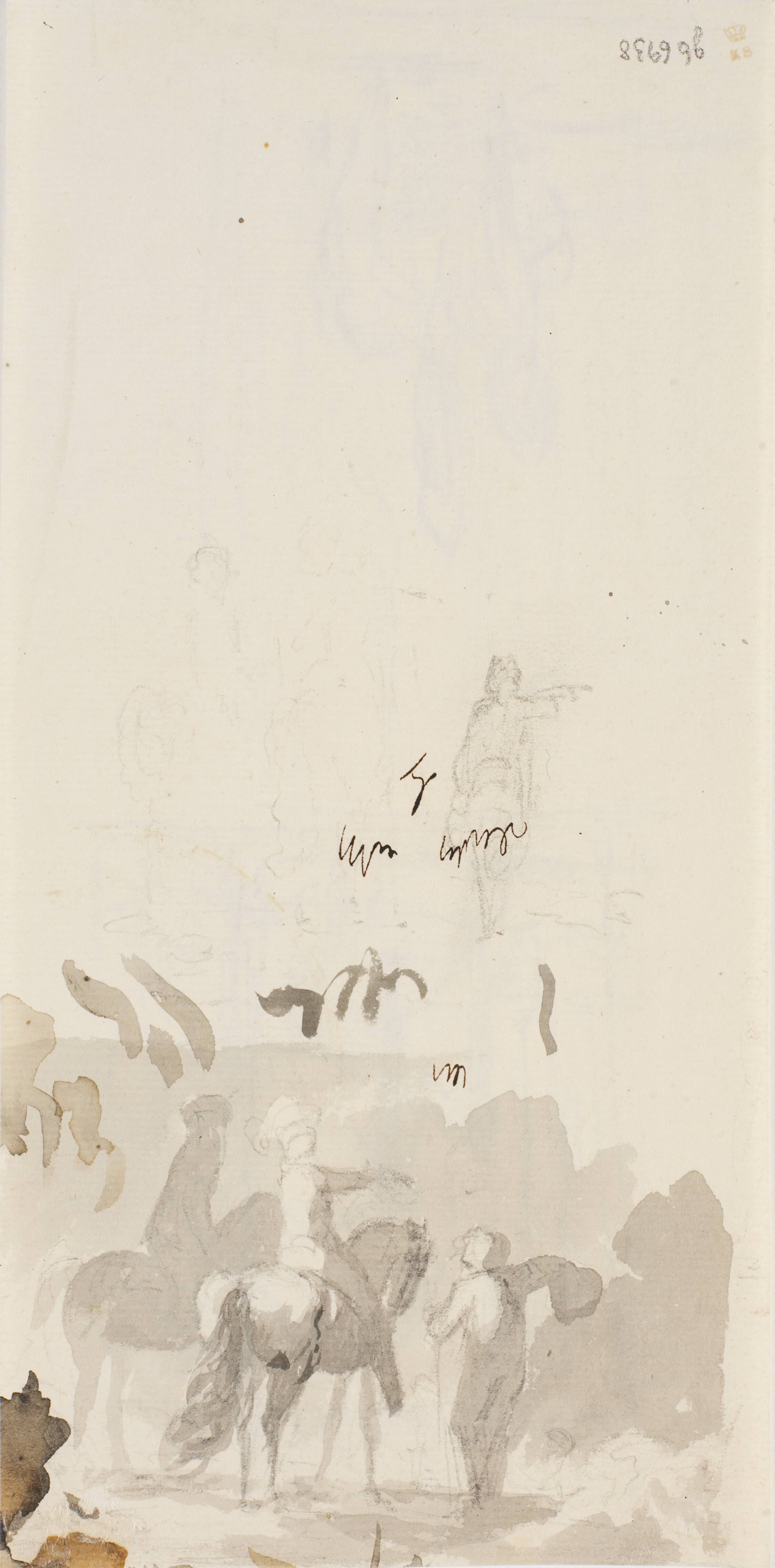 To ryttere og en stående mand med hatten i hånden. Samme motiv gentaget ovenfor i løs blyantsskitse, C.A. Lorentzen, 1746-1828