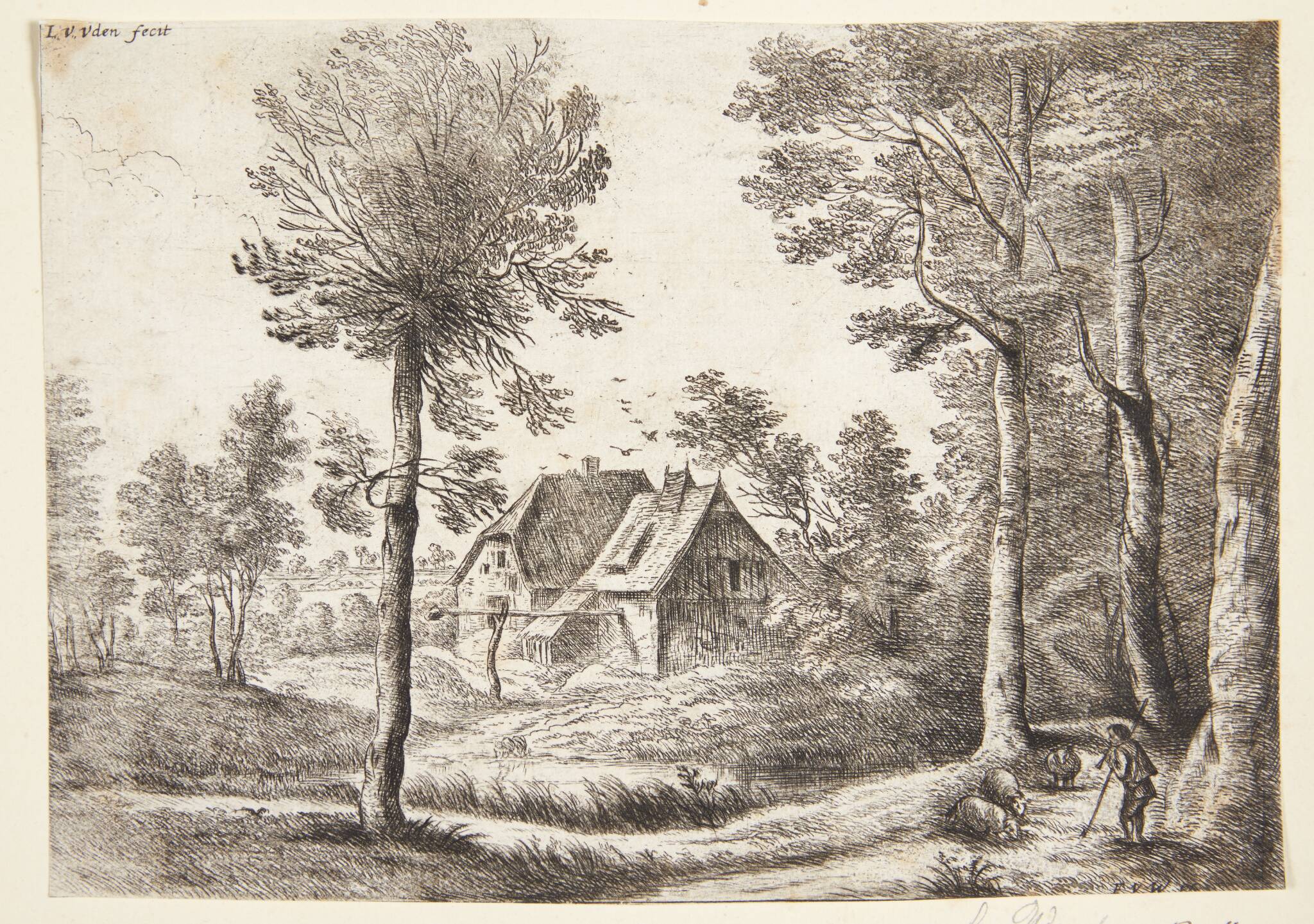 Landskab med to huse og en fårehyrde med en skalmeje