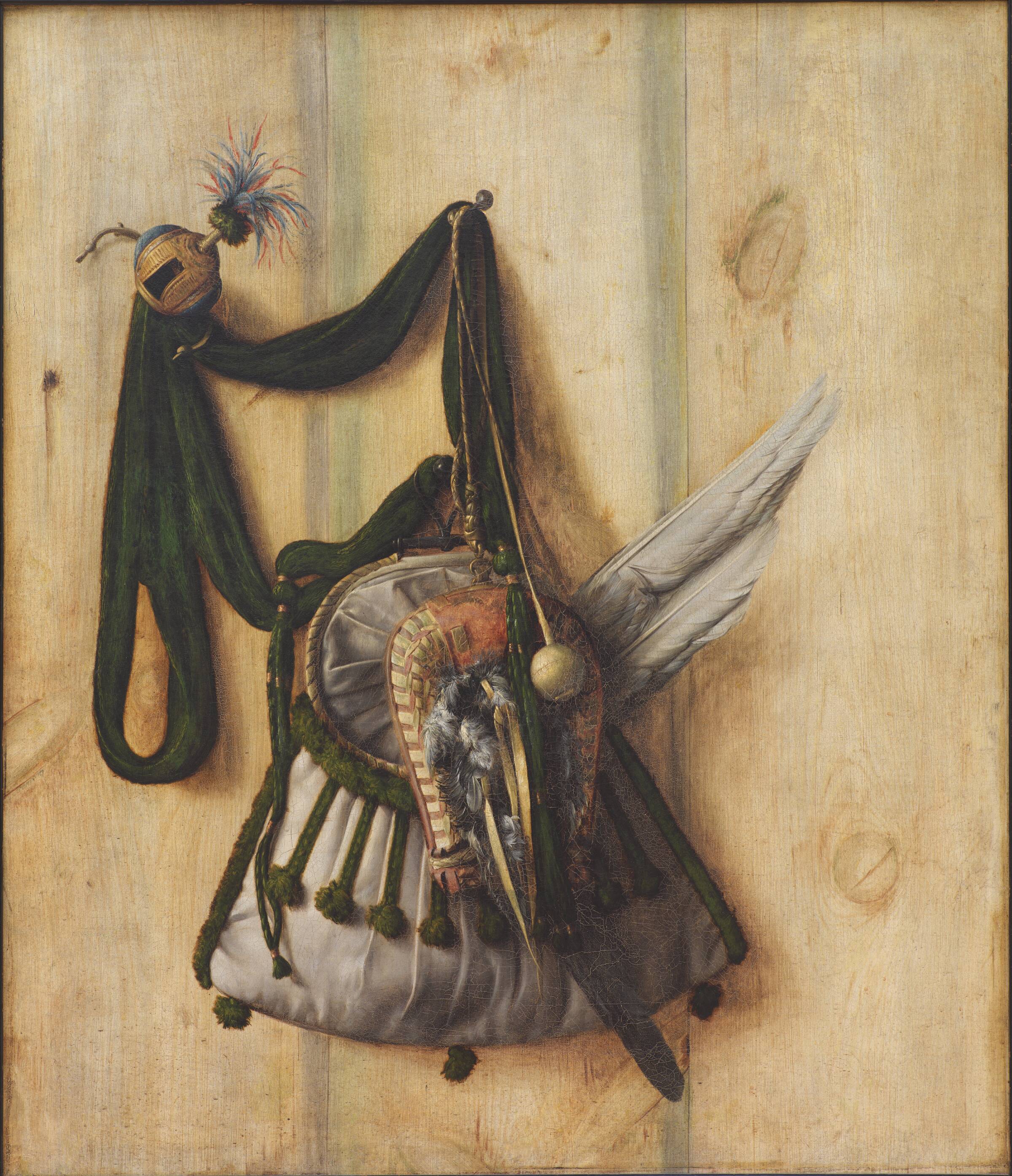 Trompe l'oeil med falkonértaske og andet udstyr til falkejagt, Cornelius Norbertus Gijsbrechts, 1671