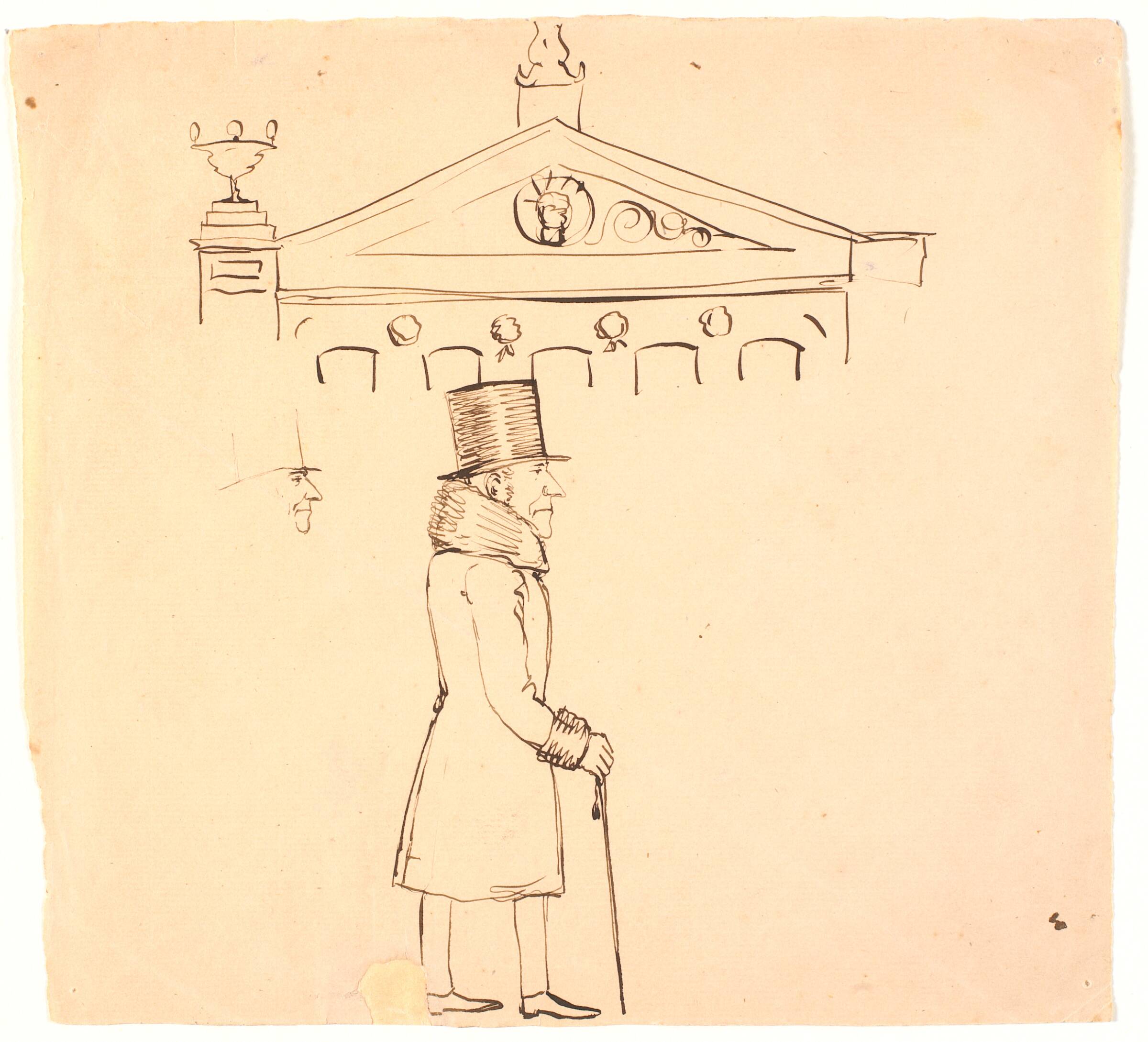 Karikatur af en pelsklædt herre udenfor Casino., P.C. Skovgaard, 1840-1849
