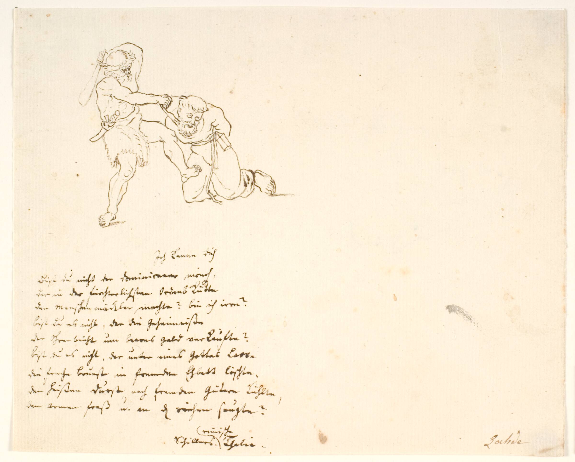 En munk prygles med en knippel af en mand iført skind-lændeklæde, Gerhard Ludvig Lahde, 1765-1833