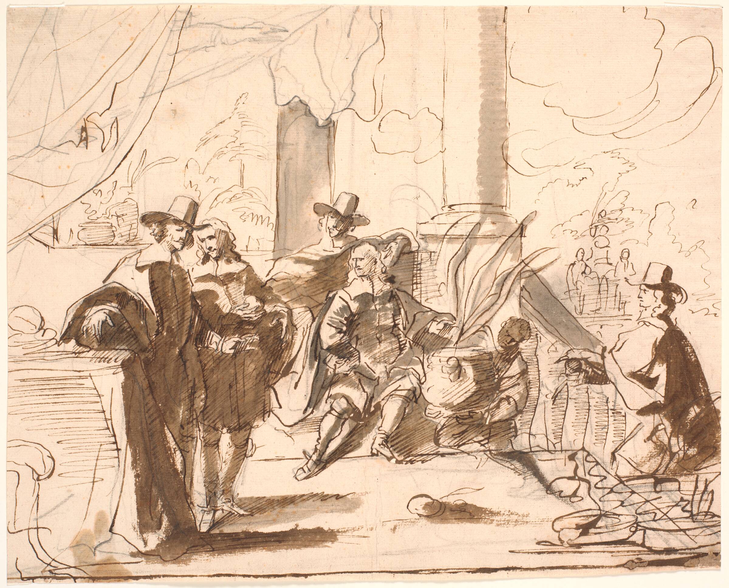 Fem herrer på en terrasse; en tjener bærer en agave frem, Jürgen Ovens, 1623-1678