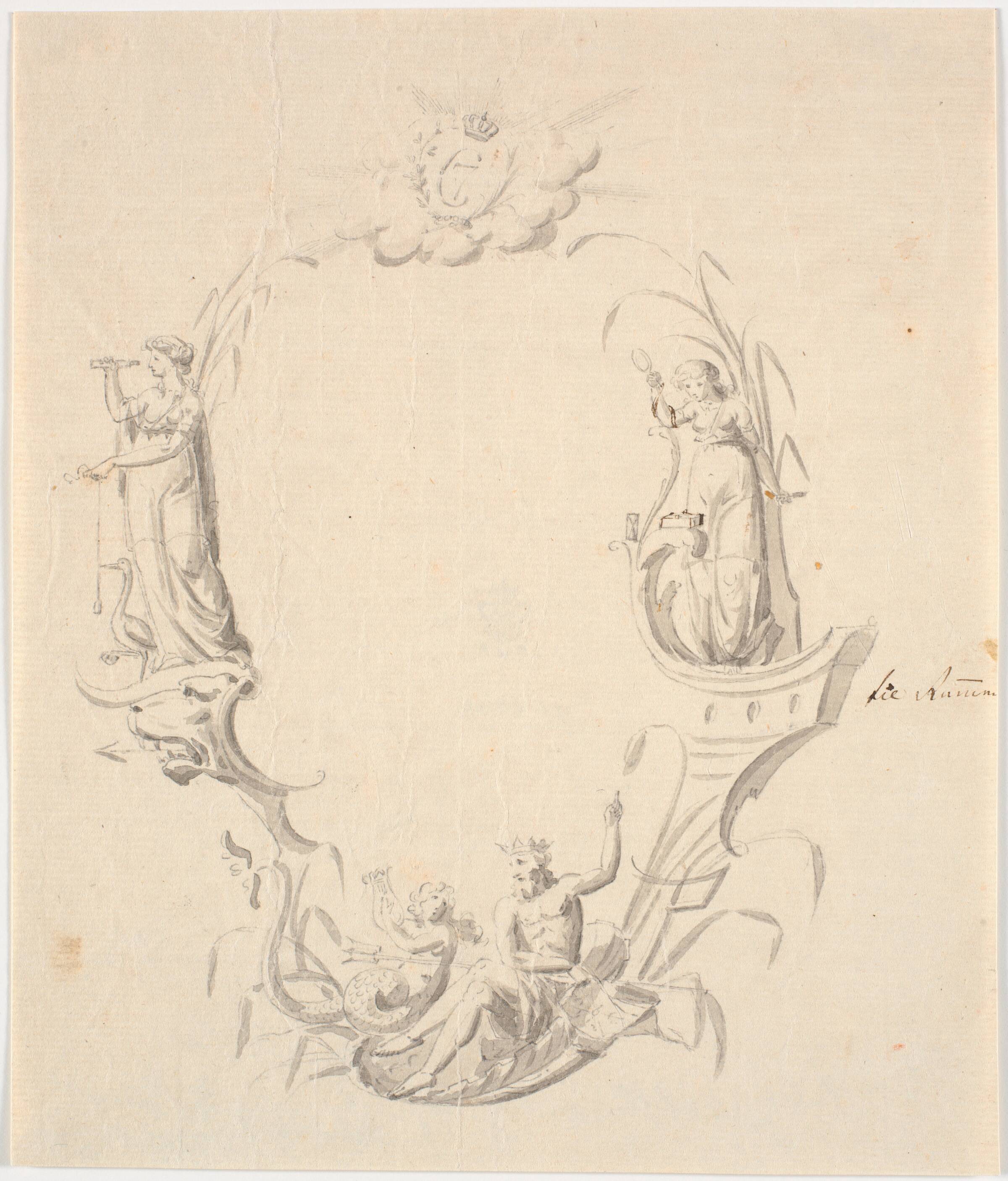 Udkast til titelvignet til et søkort (med teksten: Pass Kaart over Kattegattet, udg. af Søkortarkivet 1799), Johannes Wiedewelt, 1797-1800