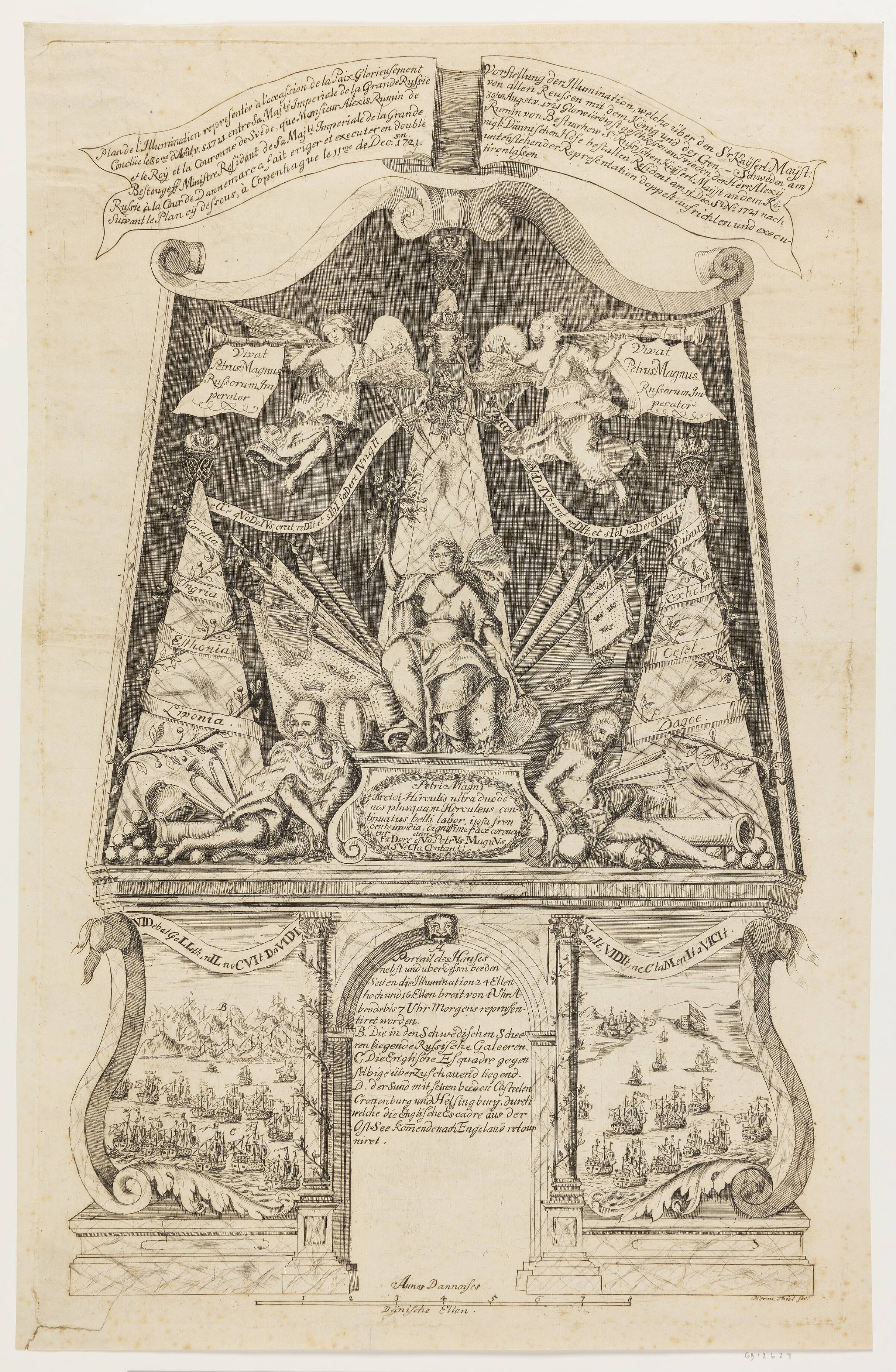 Illuminationsforestilling, foranstaltet af den russiske gesandt i København i anledning af den russiske Kejsers og svenske Konges besøg i København d. 11. december 1721, Johan Herman Thiele, 1721-1749