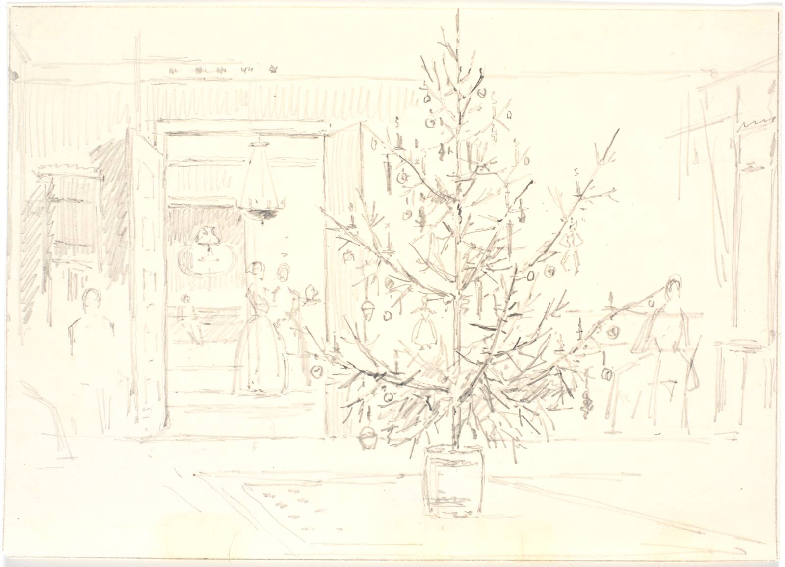 Interieur med juletræ, Martinus Rørbye, 1840-1849