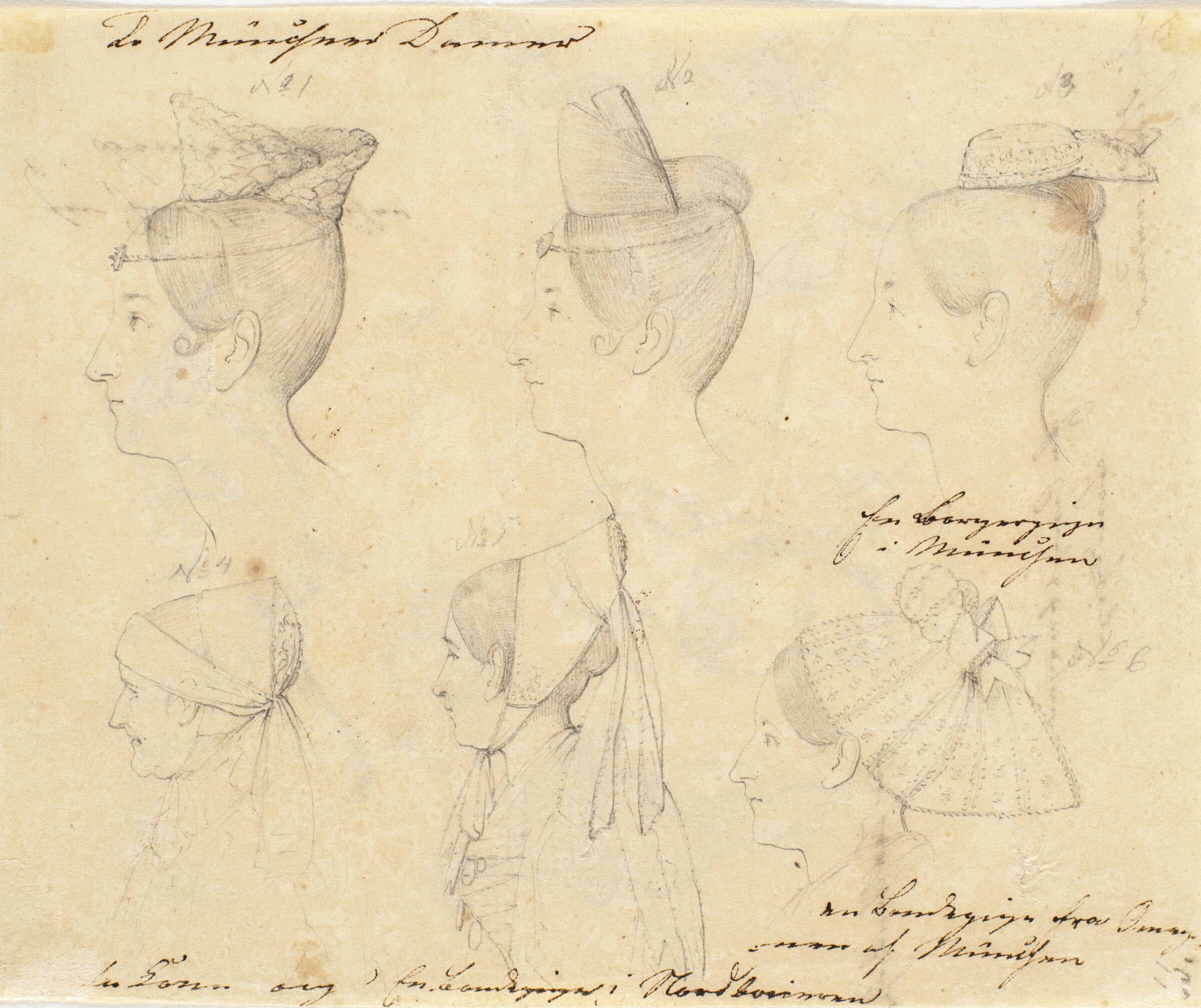 Blad med seks kvinder set i profil fra München og Nordbayern, Wilhelm Bendz, 1831