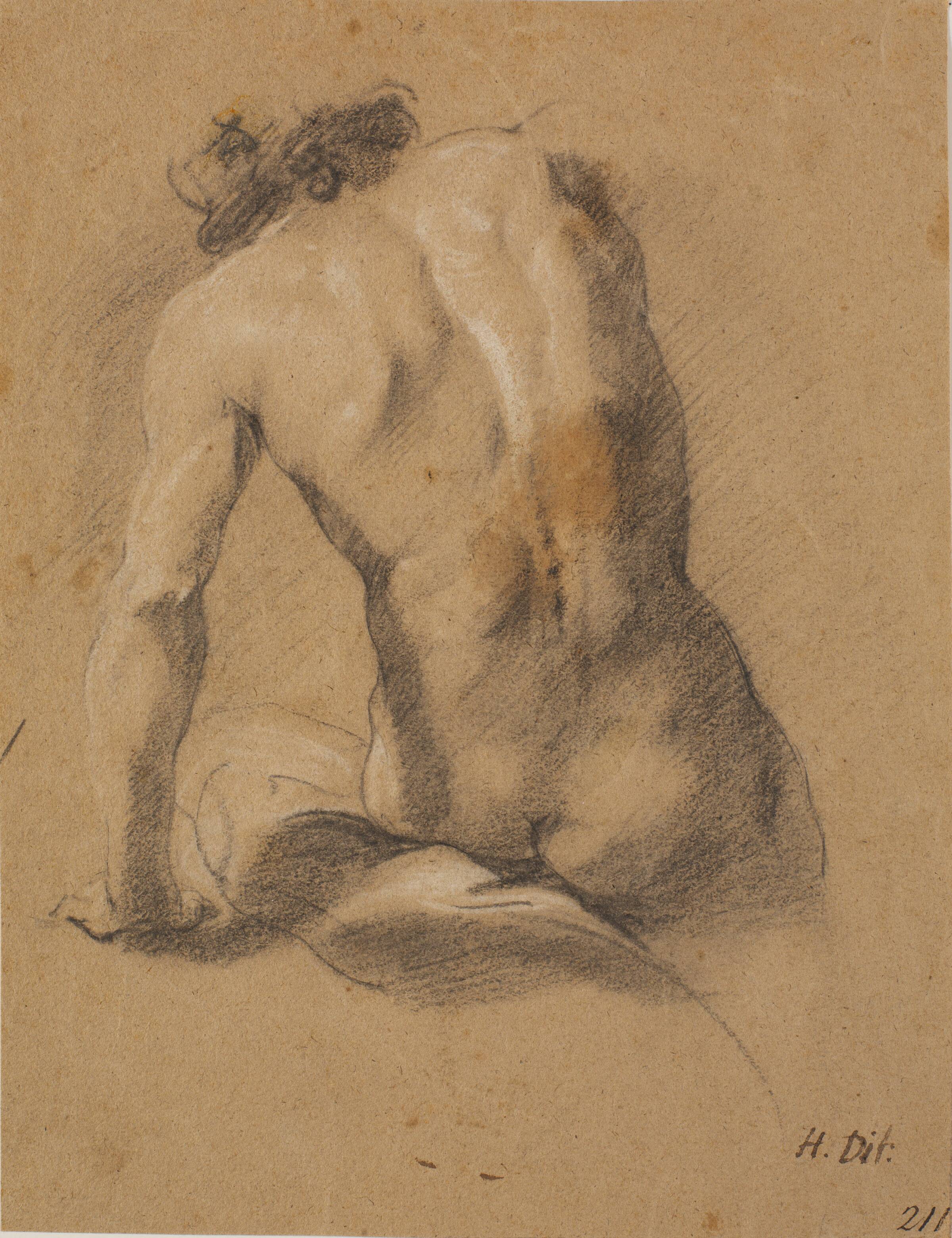 Siddende mandlig model, set fra ryggen, Heinrich Dittmers, 1625-1677
