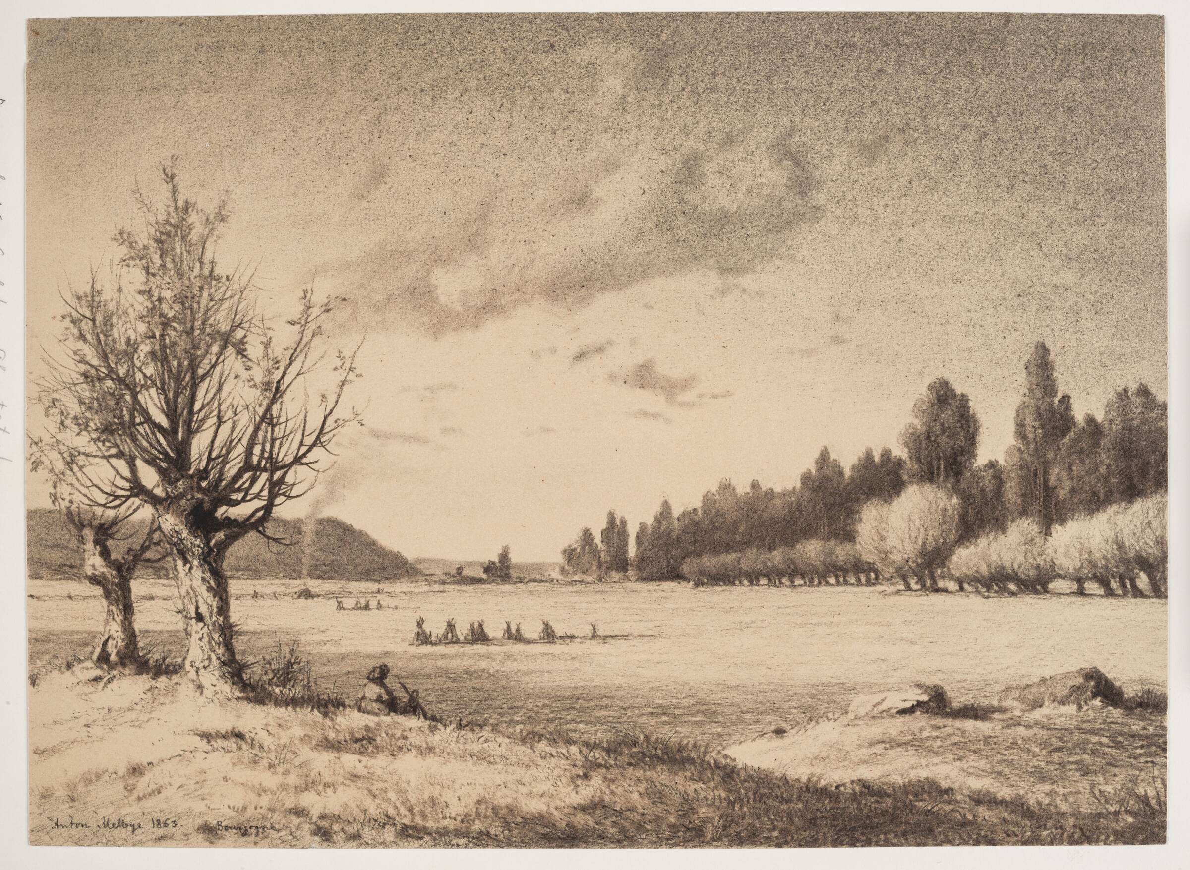 Åbent landskab med skov i baggrunden. Bourgogne, Anton Melbye, 1863