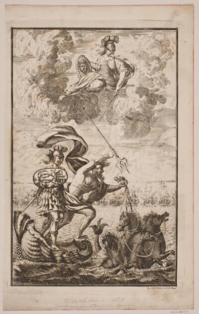 Neptun farende over havet. Titelblad til Fontenay, "Söe-Evolution"; København 1743
