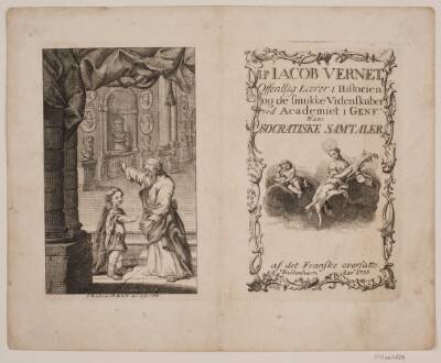 Titelblad og illustration til Jacob Vernet, "Offentlig Lærer i Historien og de Smukke Videnskaber ved Academiet i Genf Hans Socratiske Samtaler”.