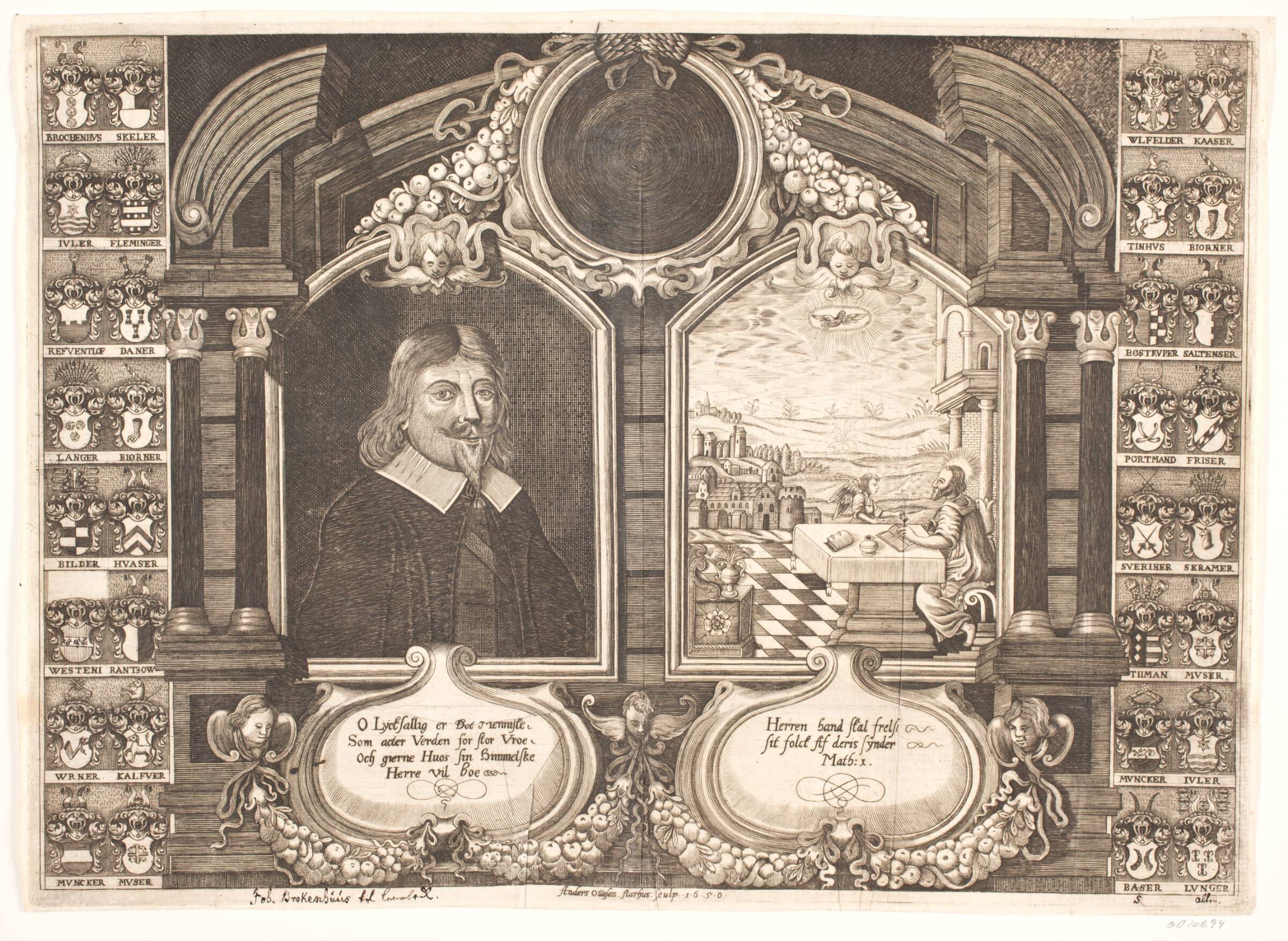 Johan Brockenhuus samt scene med evangelisten Matthæus. Til Ligprædiken, Anders Ottesen, 1650