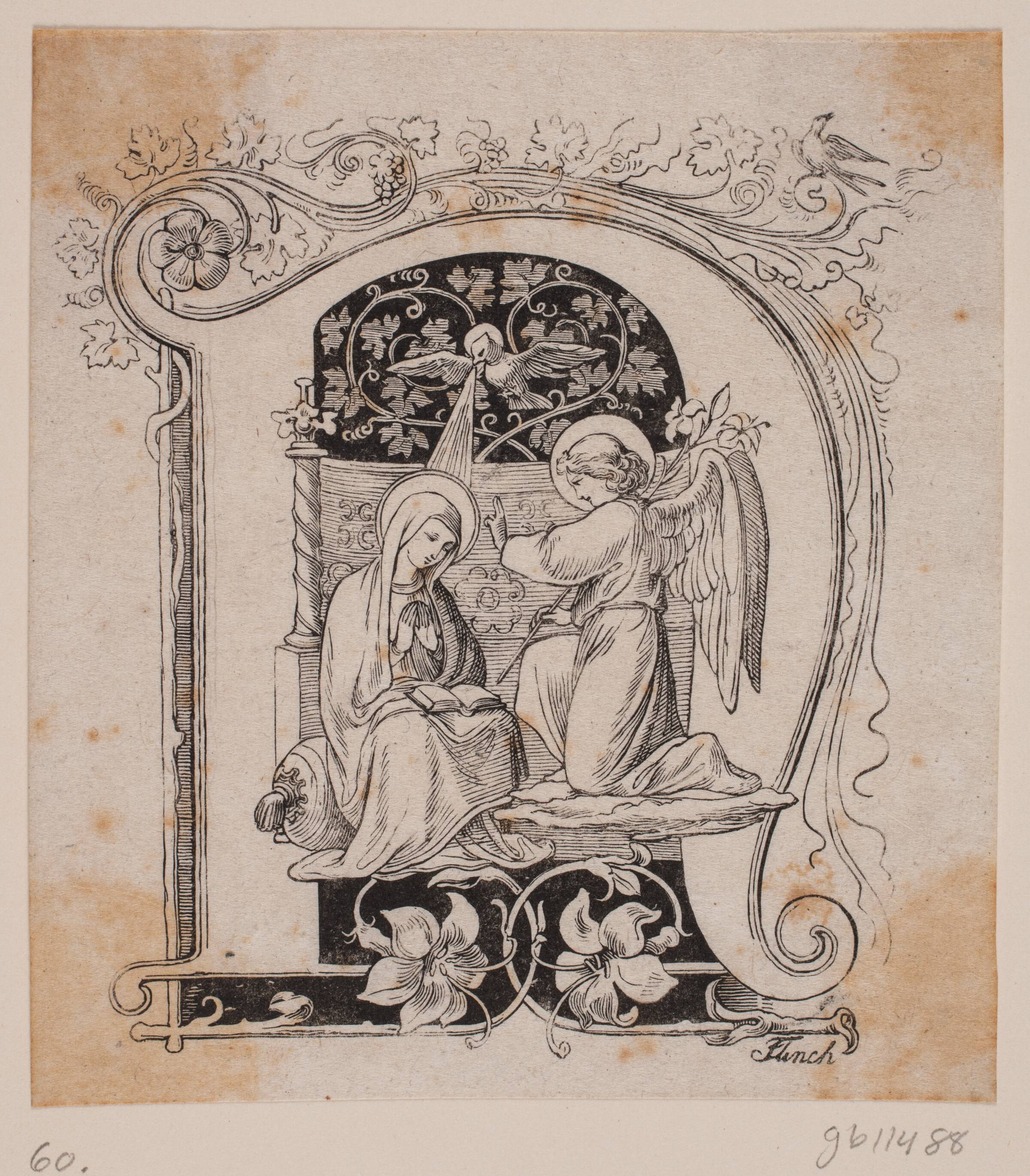 Initialer med fremstillinger af bedudelsen og Jesus fødsel, Andreas Flinch, 1813-1872