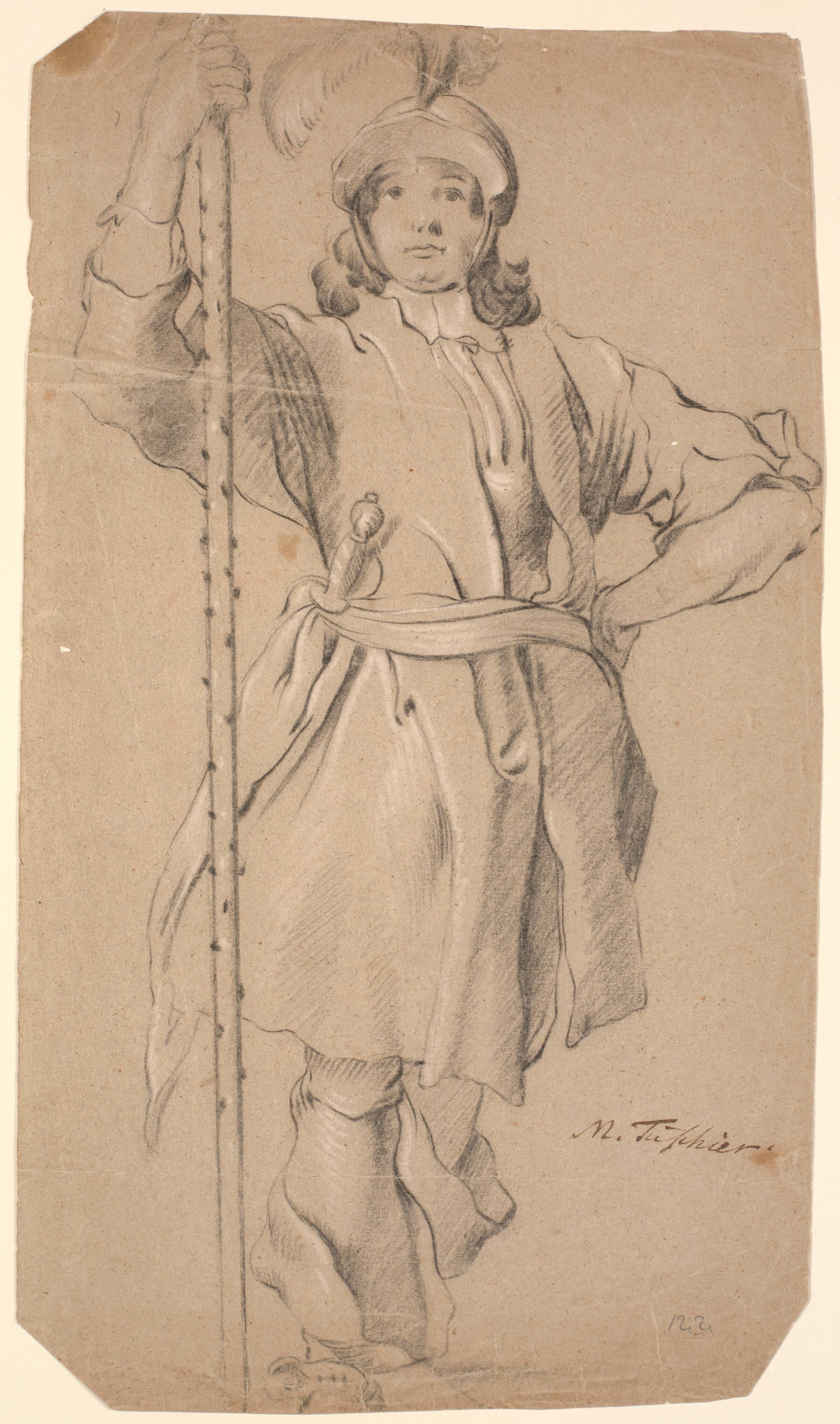 Stående hjælmklædt kriger med lanse i højre hånd, Marcus Tuscher, 1720-1751