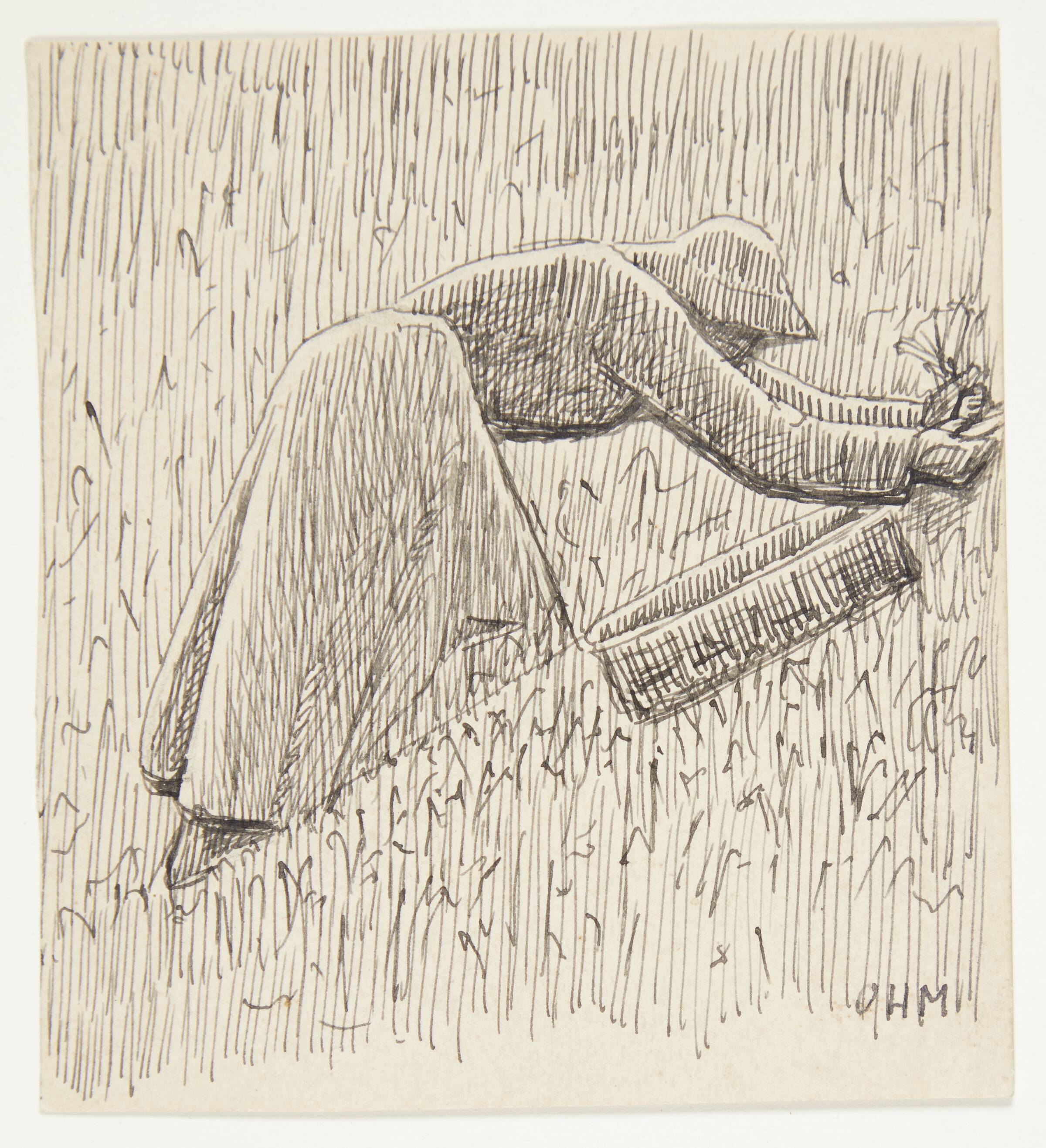 Foroverbøjet kvinde (Ruth?) arbejdende i en mark, Olivia Holm-Møller, 1905-1910