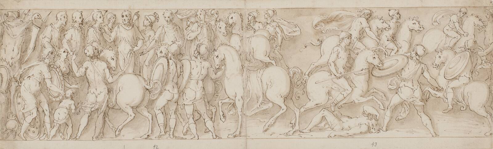 The Sarmatians subject themselves to the emperor (LVI); the Romans attack barbarians (LII), by Giovanni Guerra, 1544-1618