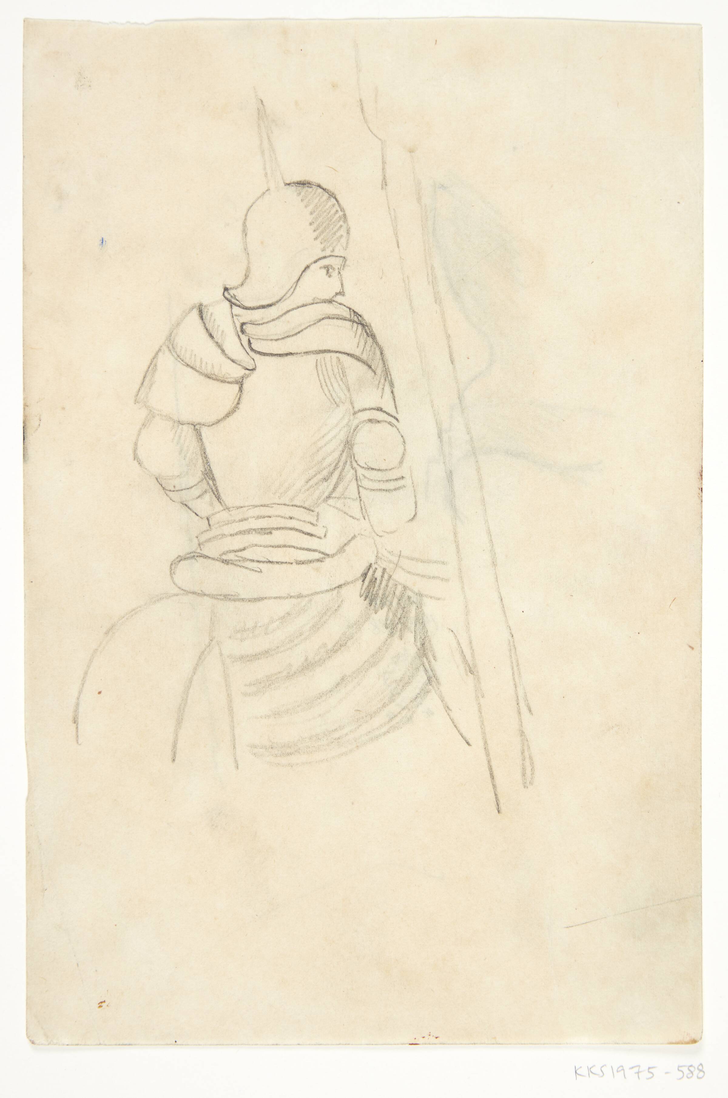 Rustningsklædt rytter set bagfra. Kompositionsskitse til P. Uccellos "La Battaglia", William Scharff, 1901-1959