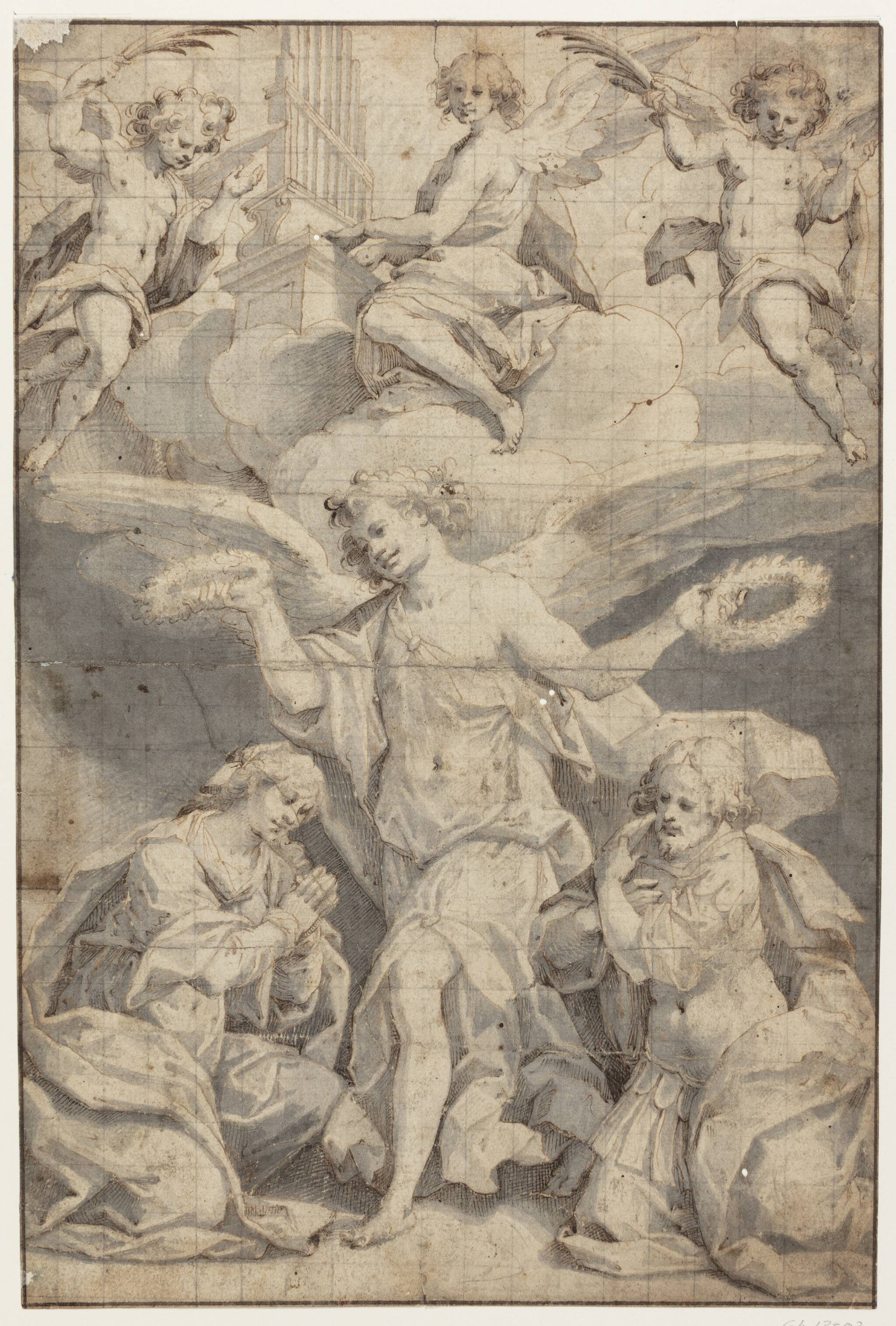 St Cecilia og St Valerianus modtager deres martyrkroner af en engel accompagneret af musicernde engle i skyerne