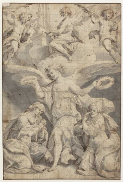 St Cecilia og St Valerianus modtager deres martyrkroner af en engel accompagneret af musicernde engle i skyerne