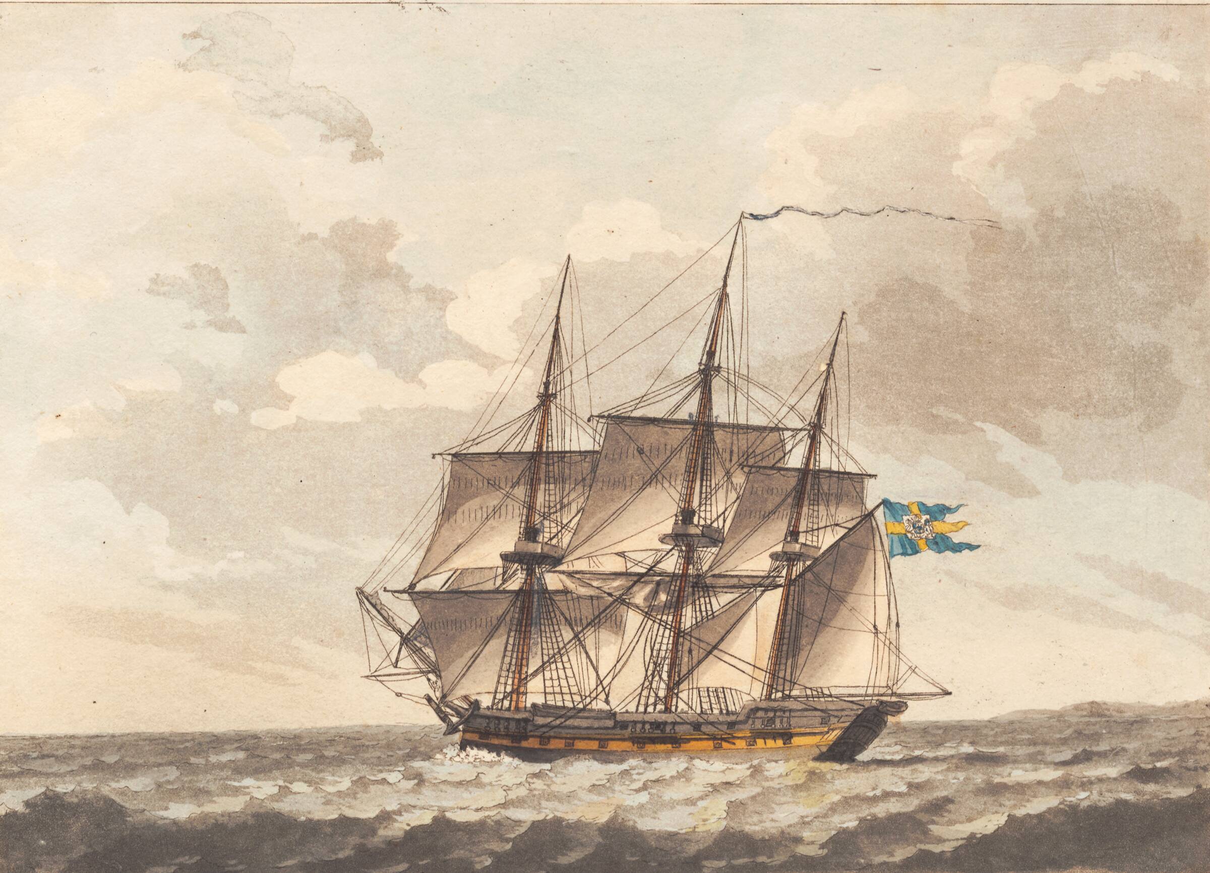 En svensk fregat med rebede merseil under vinden, Niels Truslew, 1805