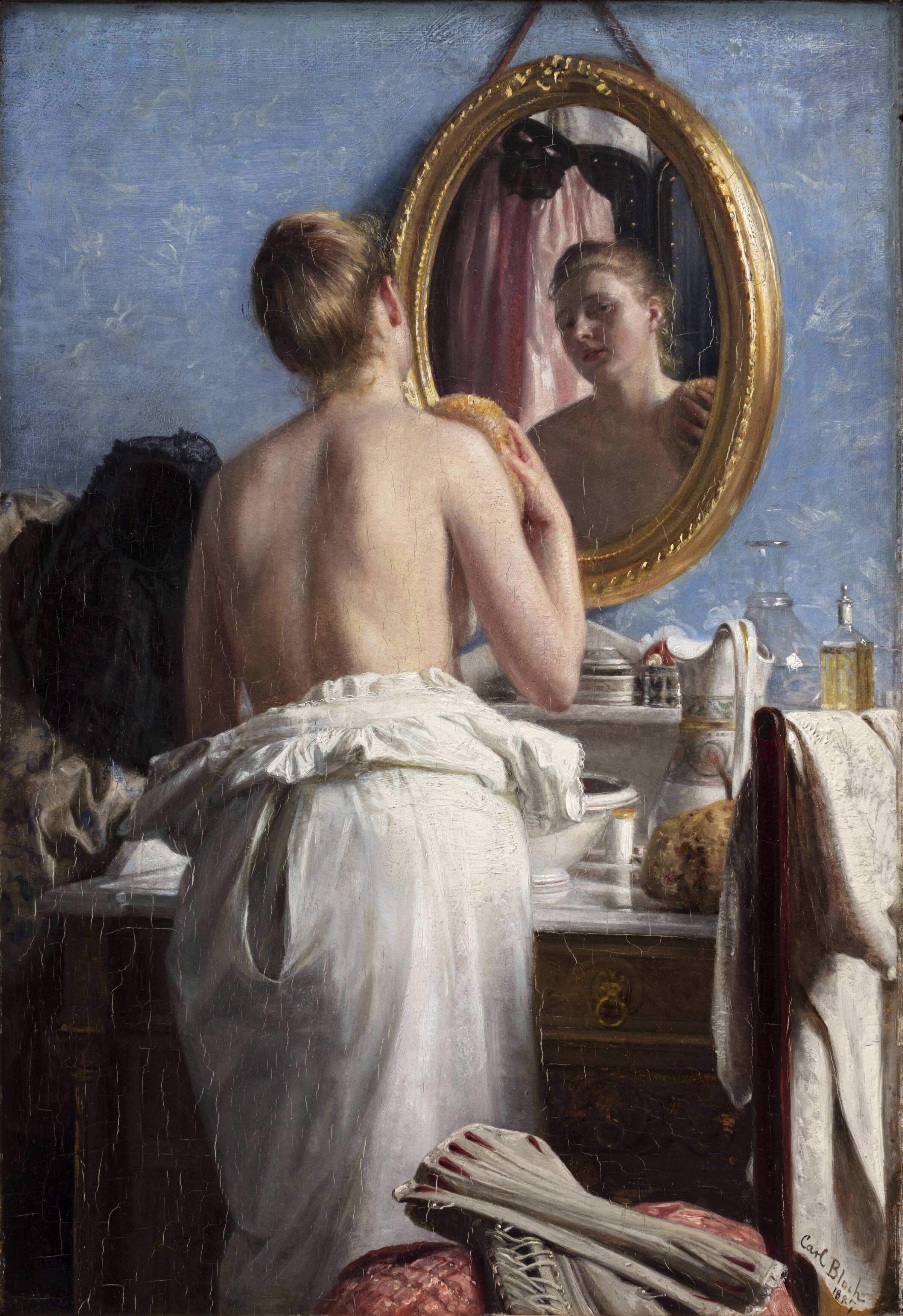 En pige, som vasker sig før et karneval, Carl Bloch, 1887