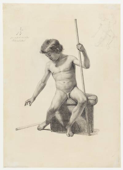 Siddende dreng. Modelfigur. Foroven til højre et lille blyantstudie af samme figur