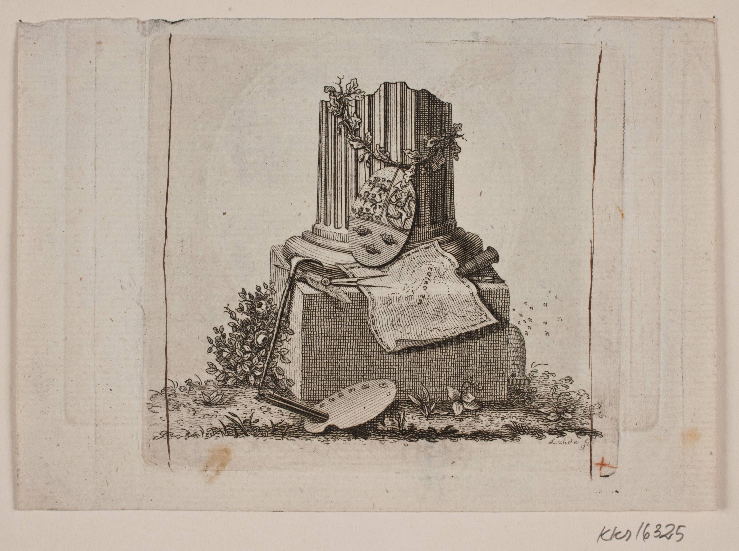 Vignet med brudt søjle og de tre nordiske rigers våben, Gerhard Ludvig Lahde, 1765-1833
