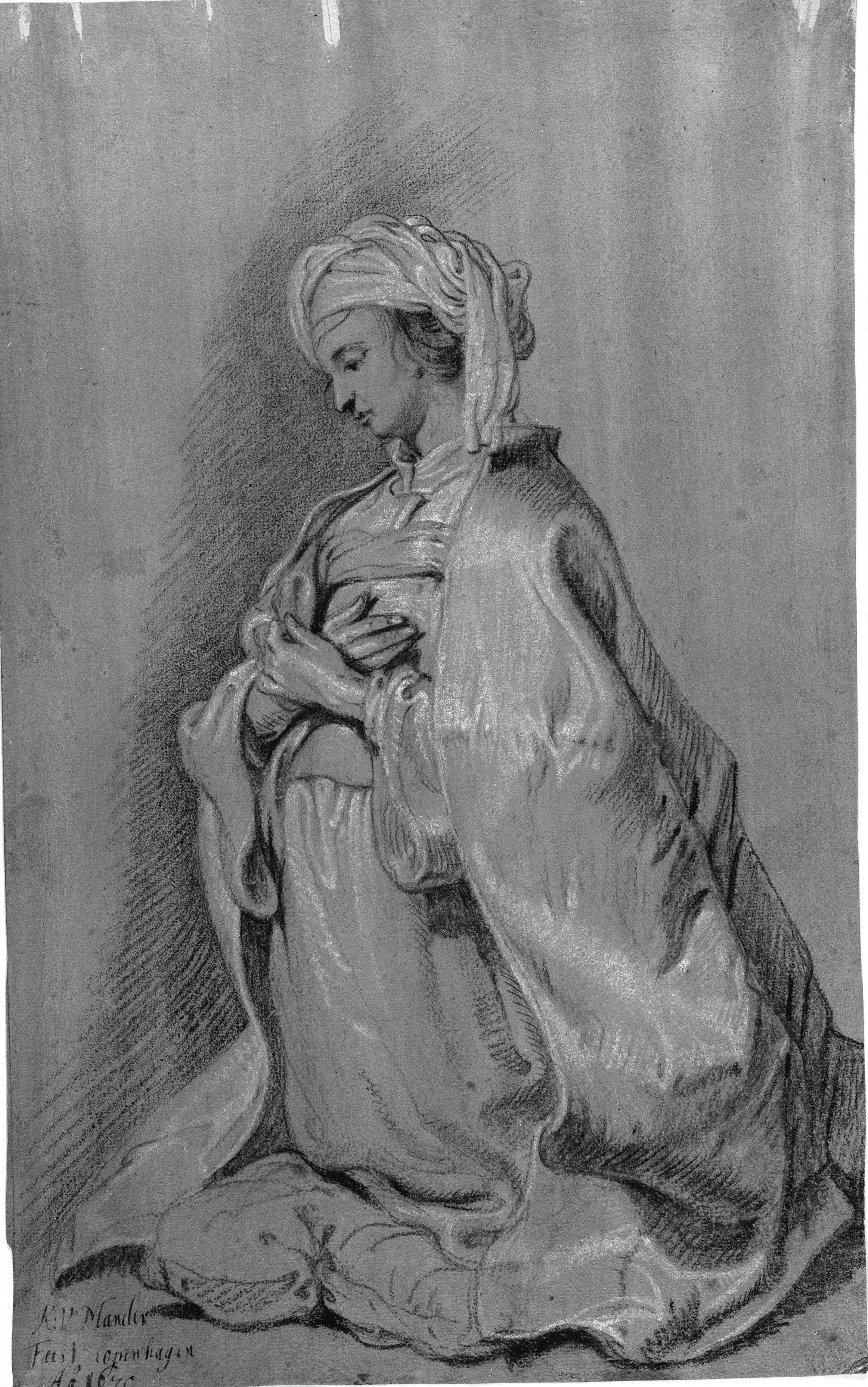 Knælende figur på en pude med turban. Vendt mod venstre. Hændene foldet over brystet., Mander III, Karel van, 1668-1671