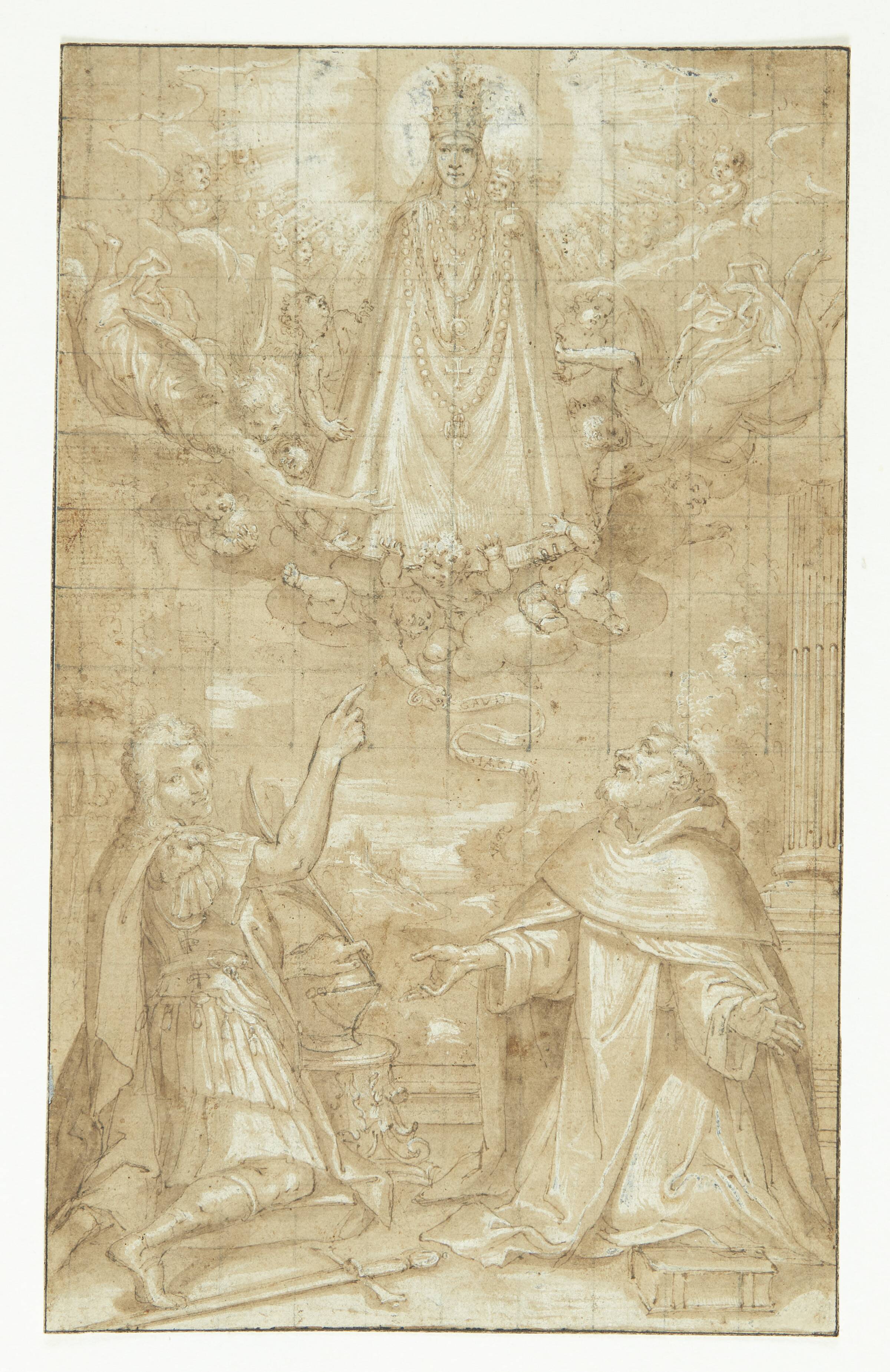 En kronet Madonna med barnet, omhængt med en kappe og tunge kæder, åbenbarer sig i skyerne, omgivet af engle og keruber, for to knælende helgener; den ene en soldat, der er martyr, den anden en gejstlig (Hyacintus?). En engel rækker et bælte eller et skriftbånd ned til dem, hvorpå der står: GAUDE TI GIACINTE VINX (?), Guercino, 1555-1619
