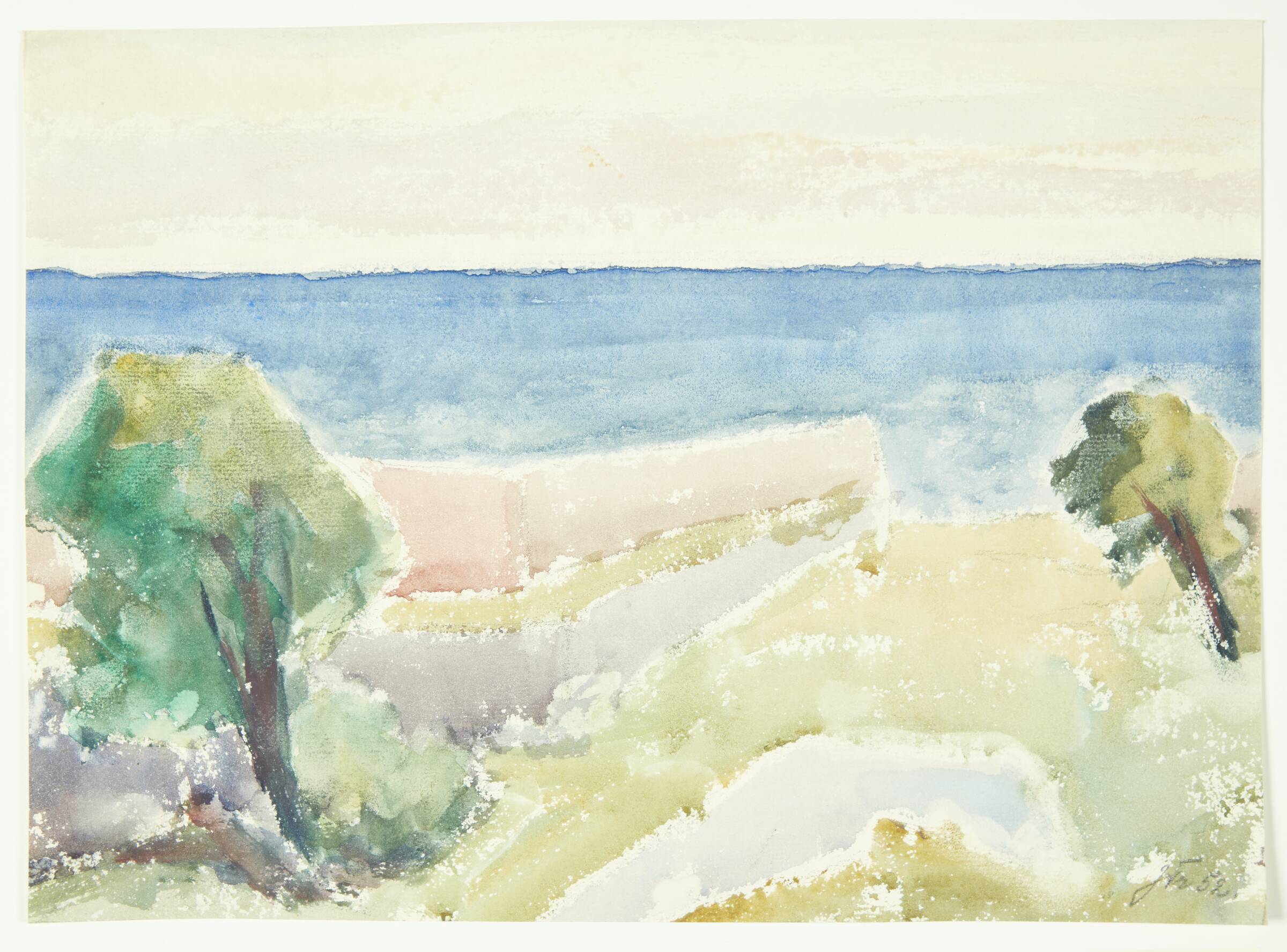 Klipper, to træer, hav. Christiansø, Johannes Frederiksen, 1952