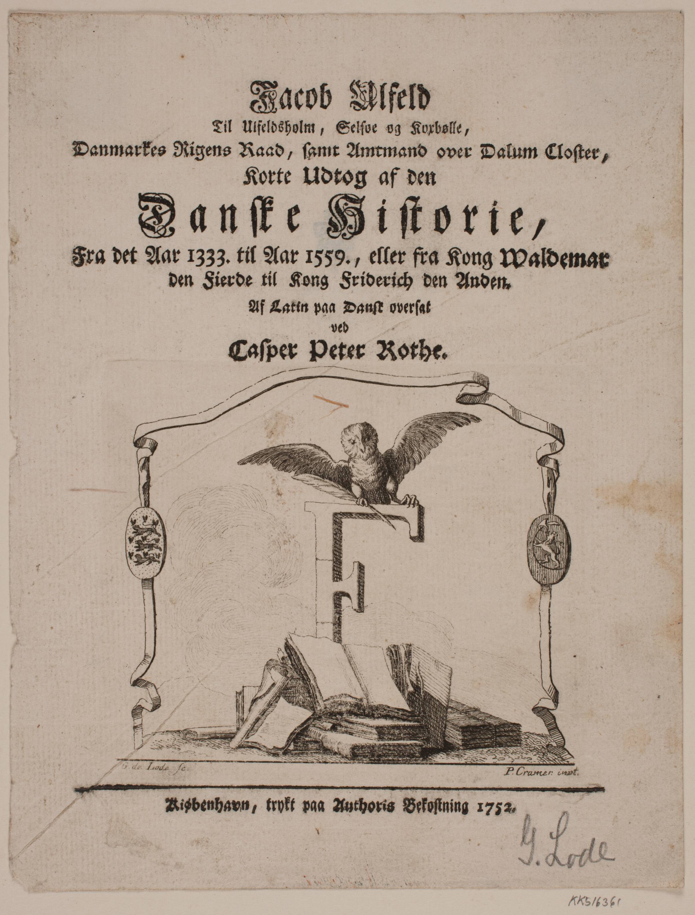 Vignet og Tekstside til T. de Hofman: "Kort Afhandling om Tiende"., Gustav de Lode, 1752