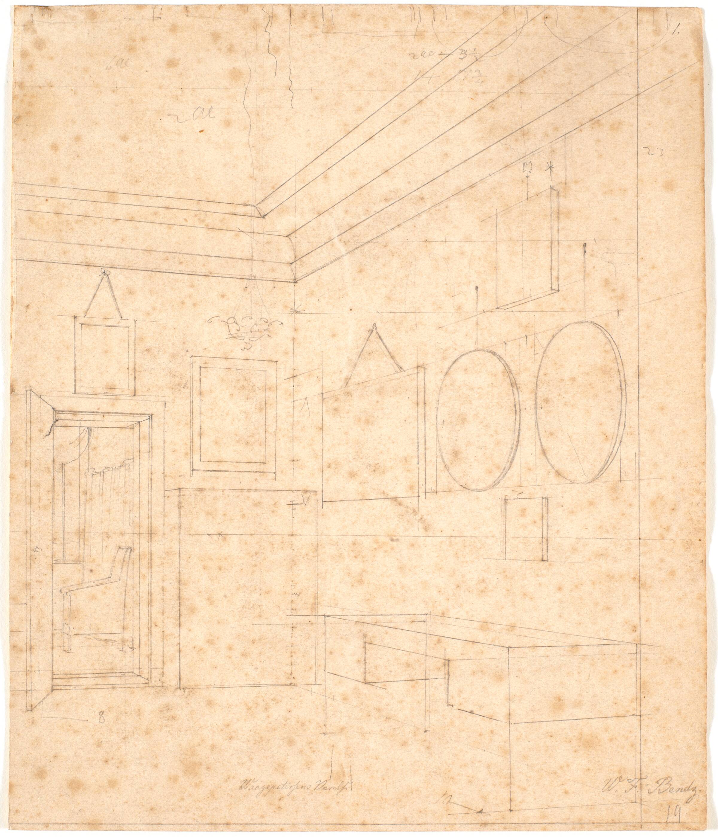 Perspektivtegning til det Waagepetersenske familiebillede, Wilhelm Bendz, 1828-1831