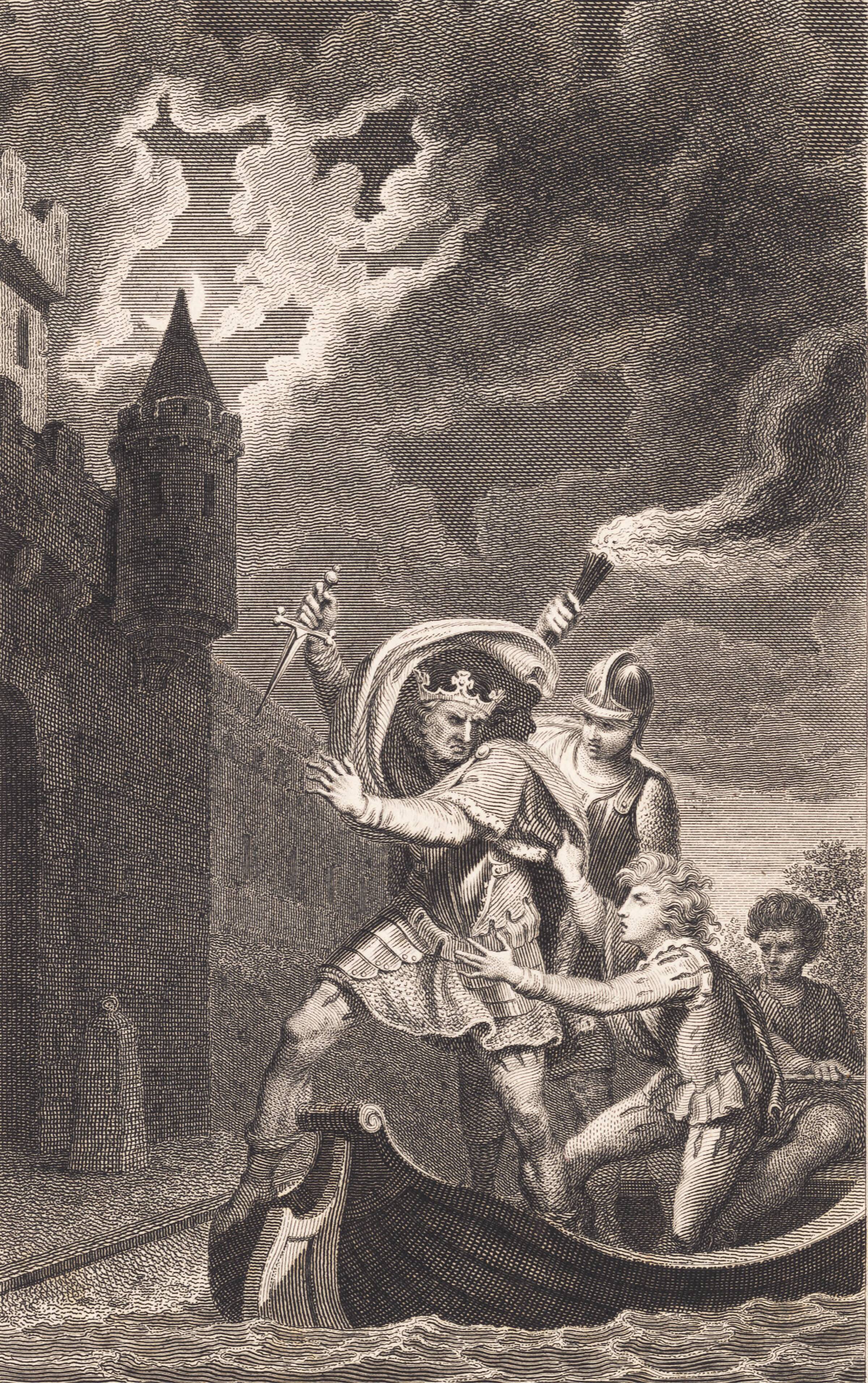 Illustration. En konge med løftet dolk og tre personer i en båd, J.F. Clemens, 1748-1831