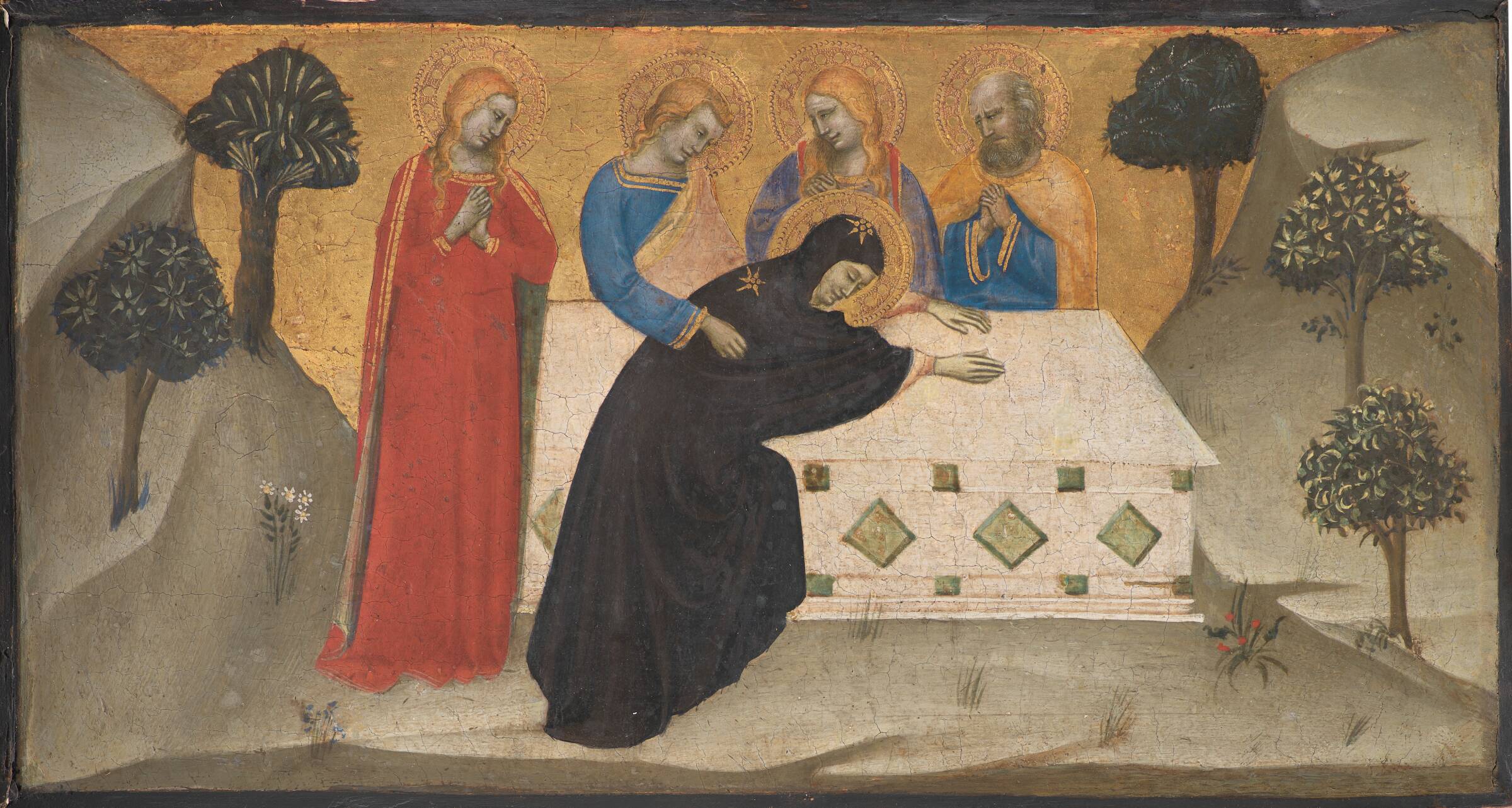 Jomfru Maria i afmagt sammen med de tre Maria'er ved Kristi sarkofag, Puccio di Simone, 1348-1352