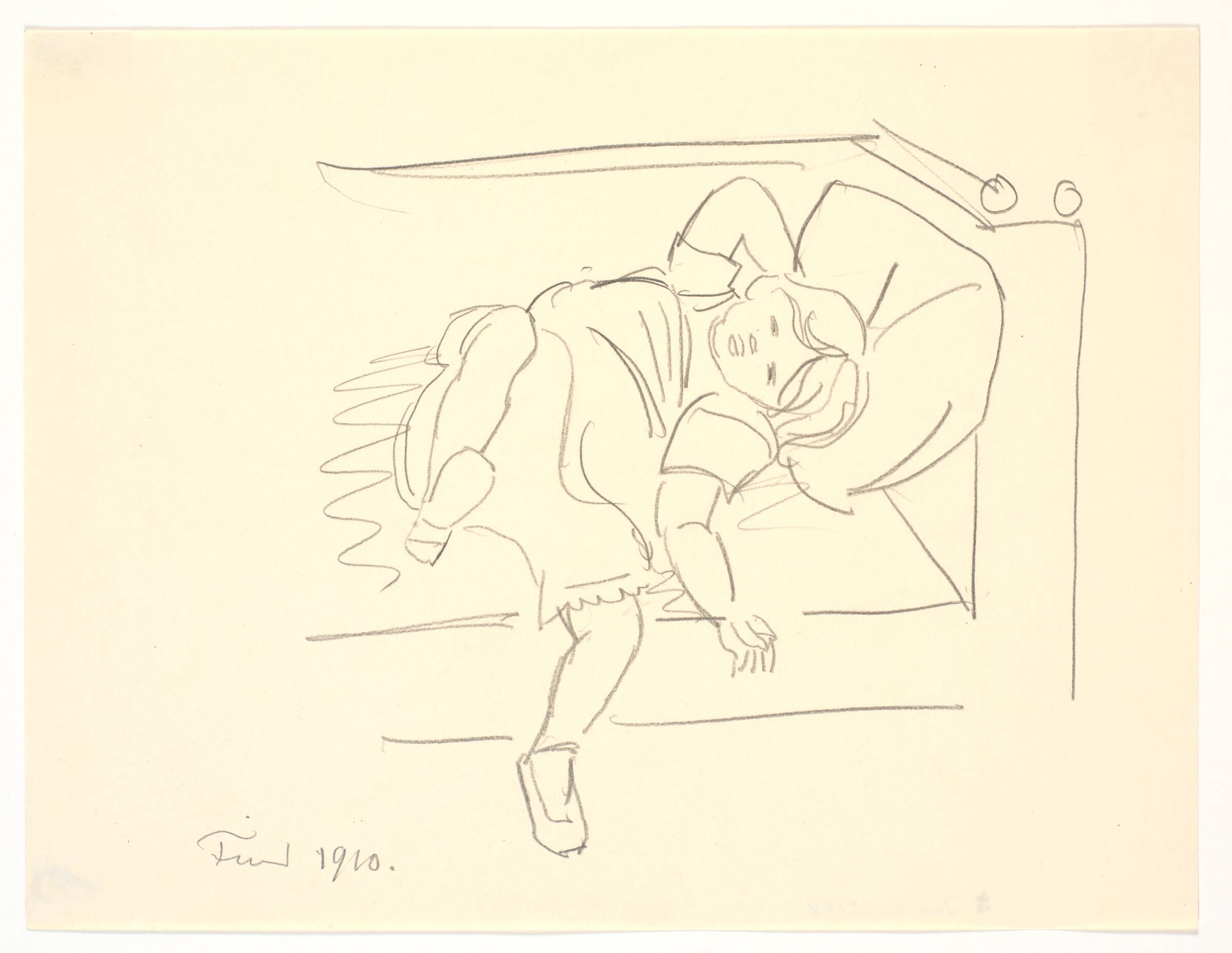 En lille pige kaster sig tilbage i en sofa, Ludvig Find, 1910