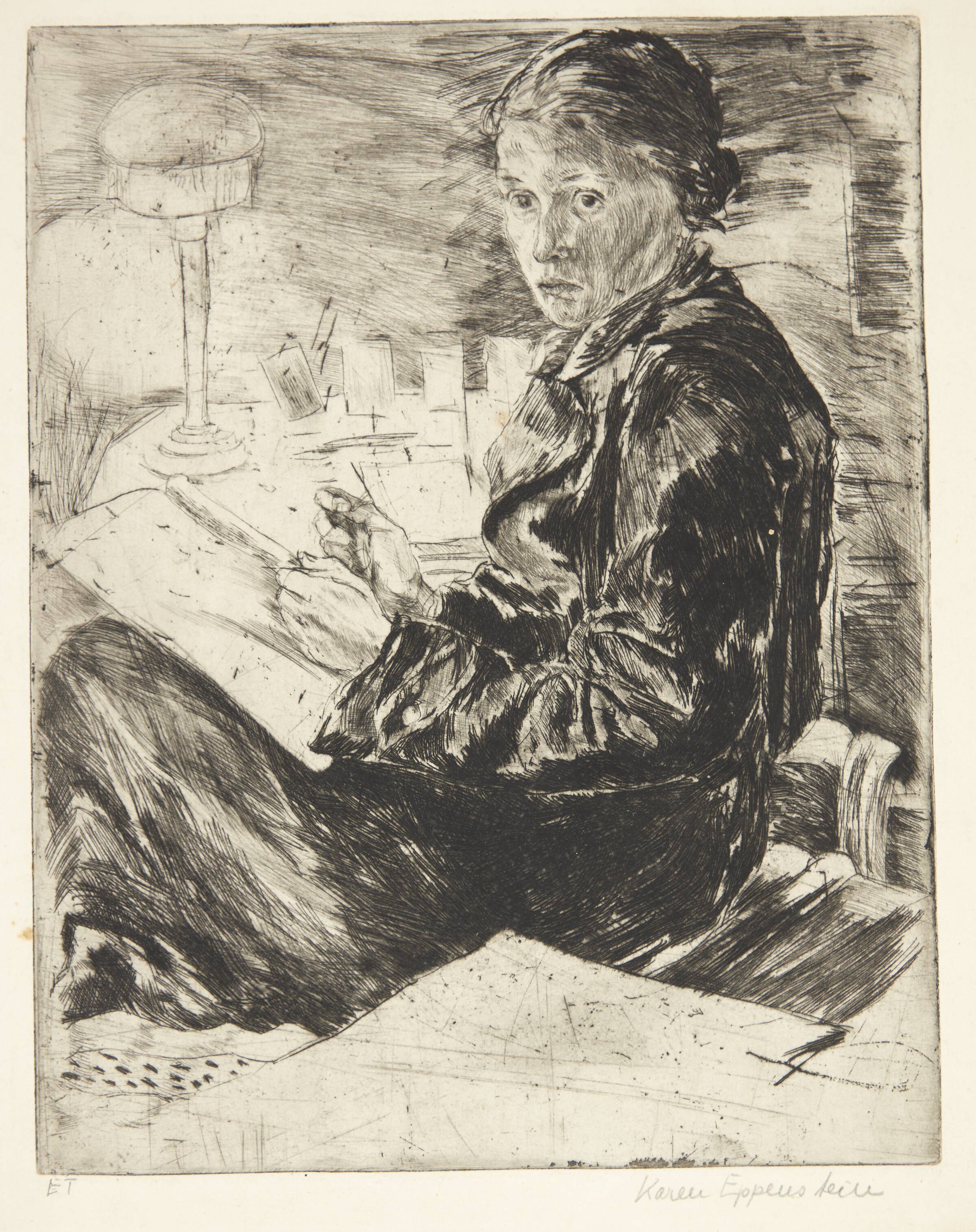Selvportræt; tegnende i et interiør, Karen Westman, 1936