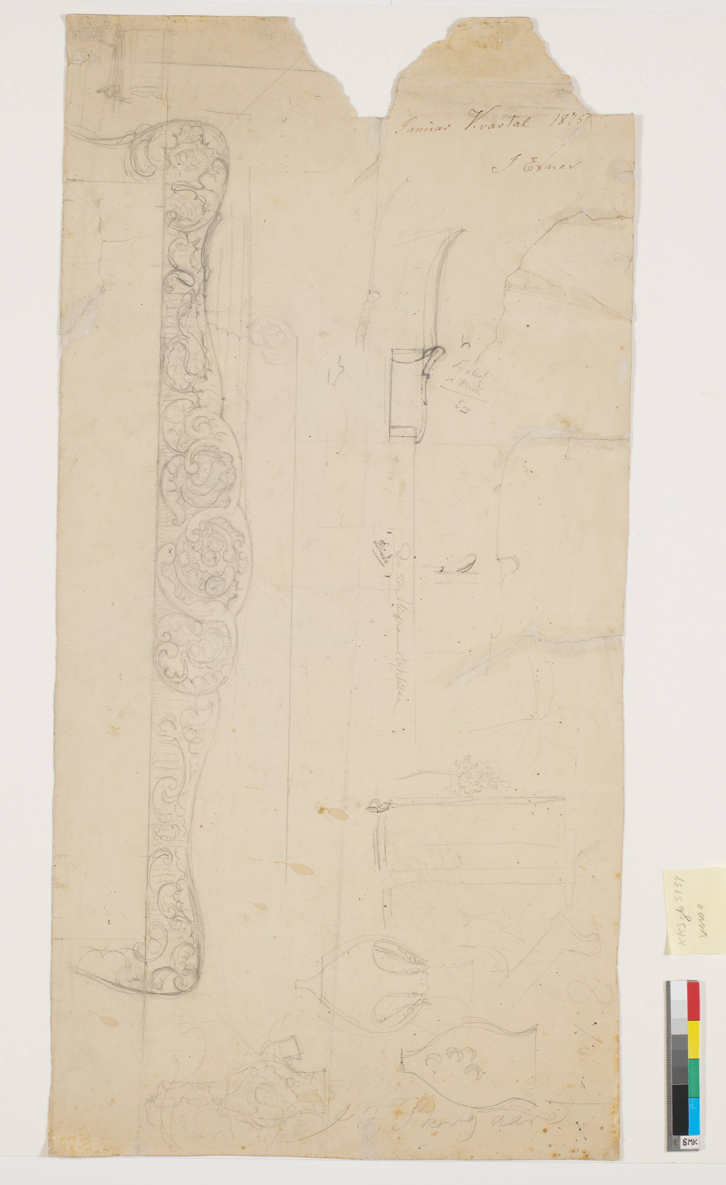 Udkast til vaser og stor ornamenteret overligger, muligvis til møbel, Joakim Skovgaard, 1875