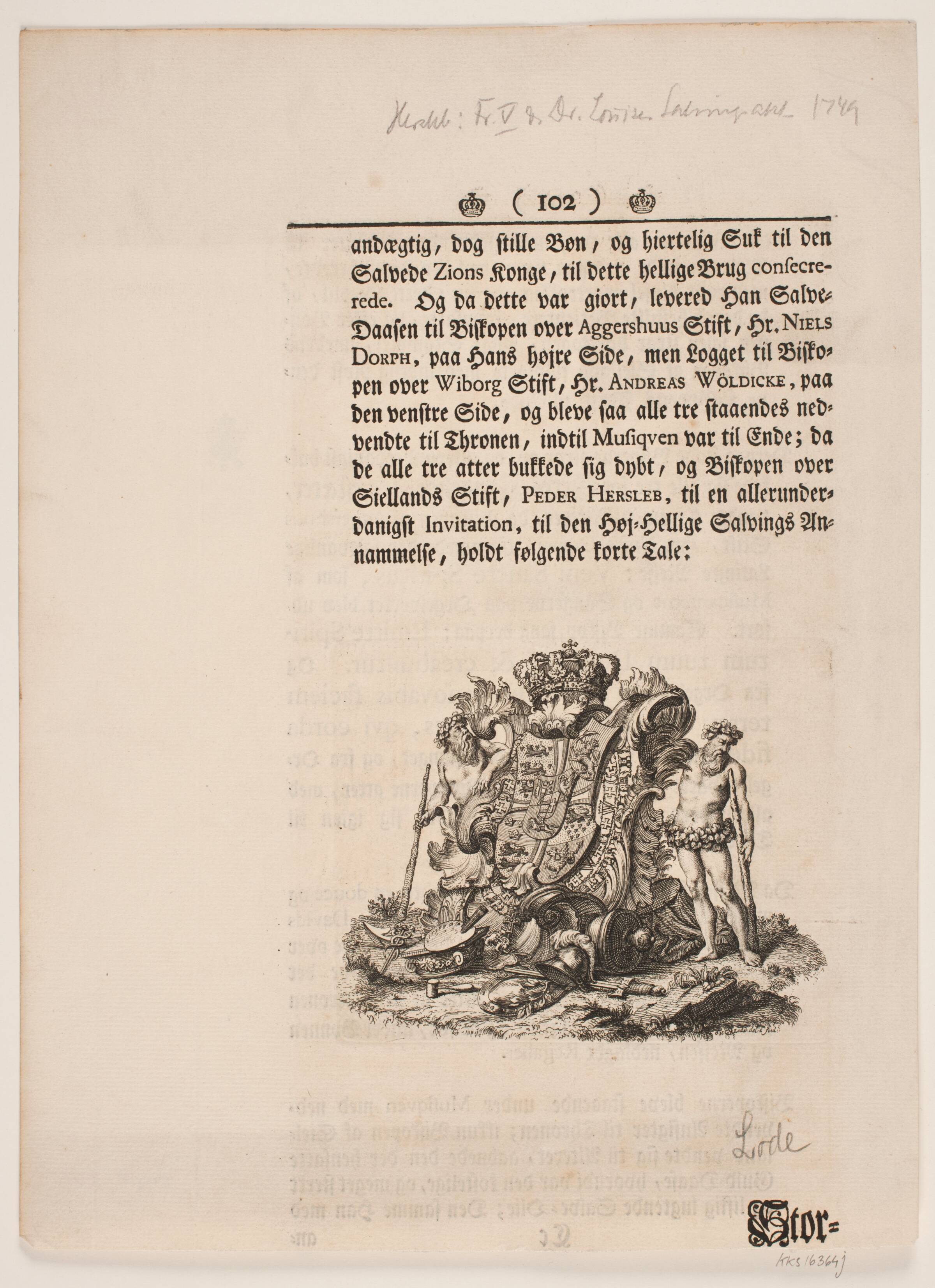 Vignet til Frederik d. IV's salvingsakt, Odvardt Helmoldt de Lode, 1749
