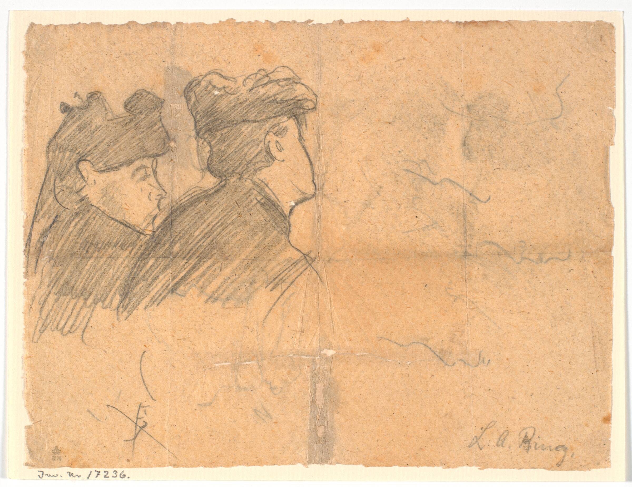 Profilstudie af to kvindehoveder med hat, L.A. Ring, 1885-1890