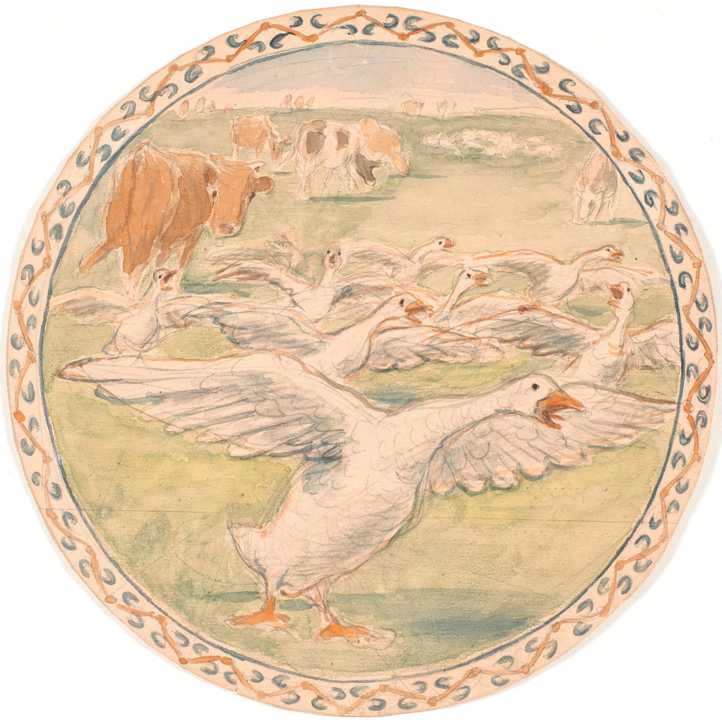 Græssende køer og skræppende gæs (udkast til keramisk fad), Theodor Philipsen, 1893