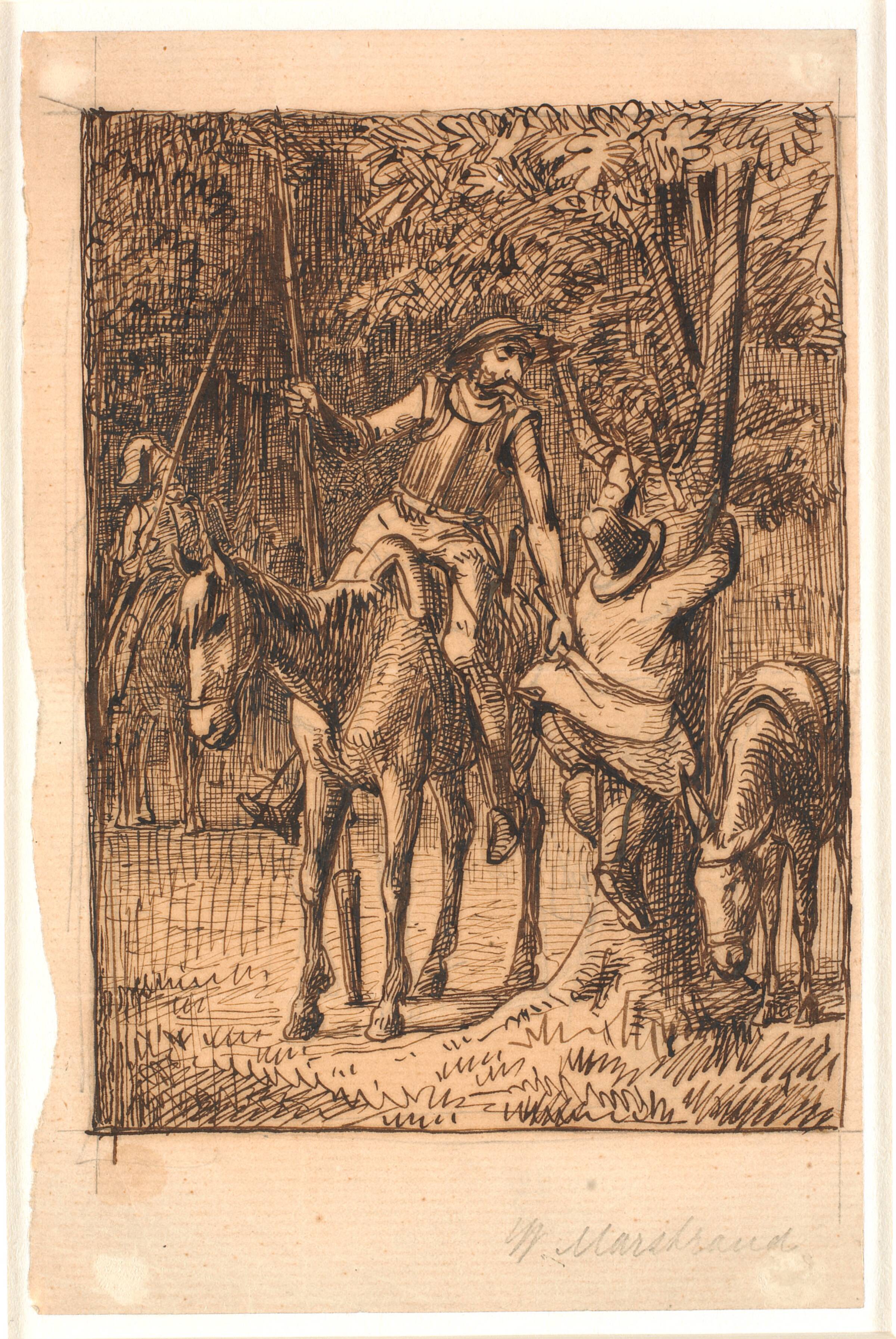Før kampen med spejlridderen hjælper Don Quixote Sancho Pansa op i et træ, Wilhelm Marstrand, 1810-1873