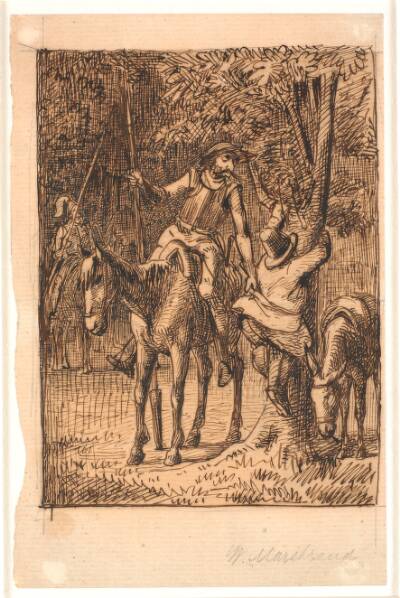 Før kampen med spejlridderen hjælper Don Quixote Sancho Pansa op i et træ