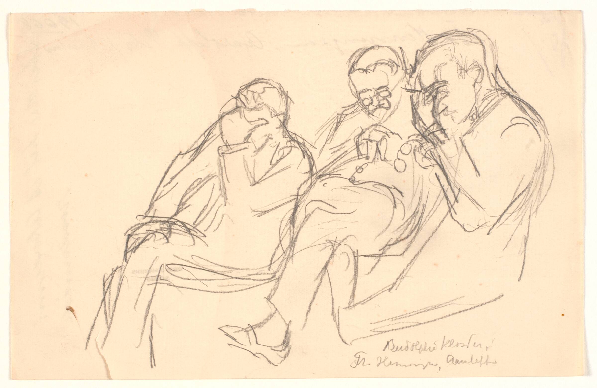 Figurskitse. Tre siddende mænd: Fr. Henningsen, Aarsleff og P. Johansen, Viggo Johansen, 1904-1907
