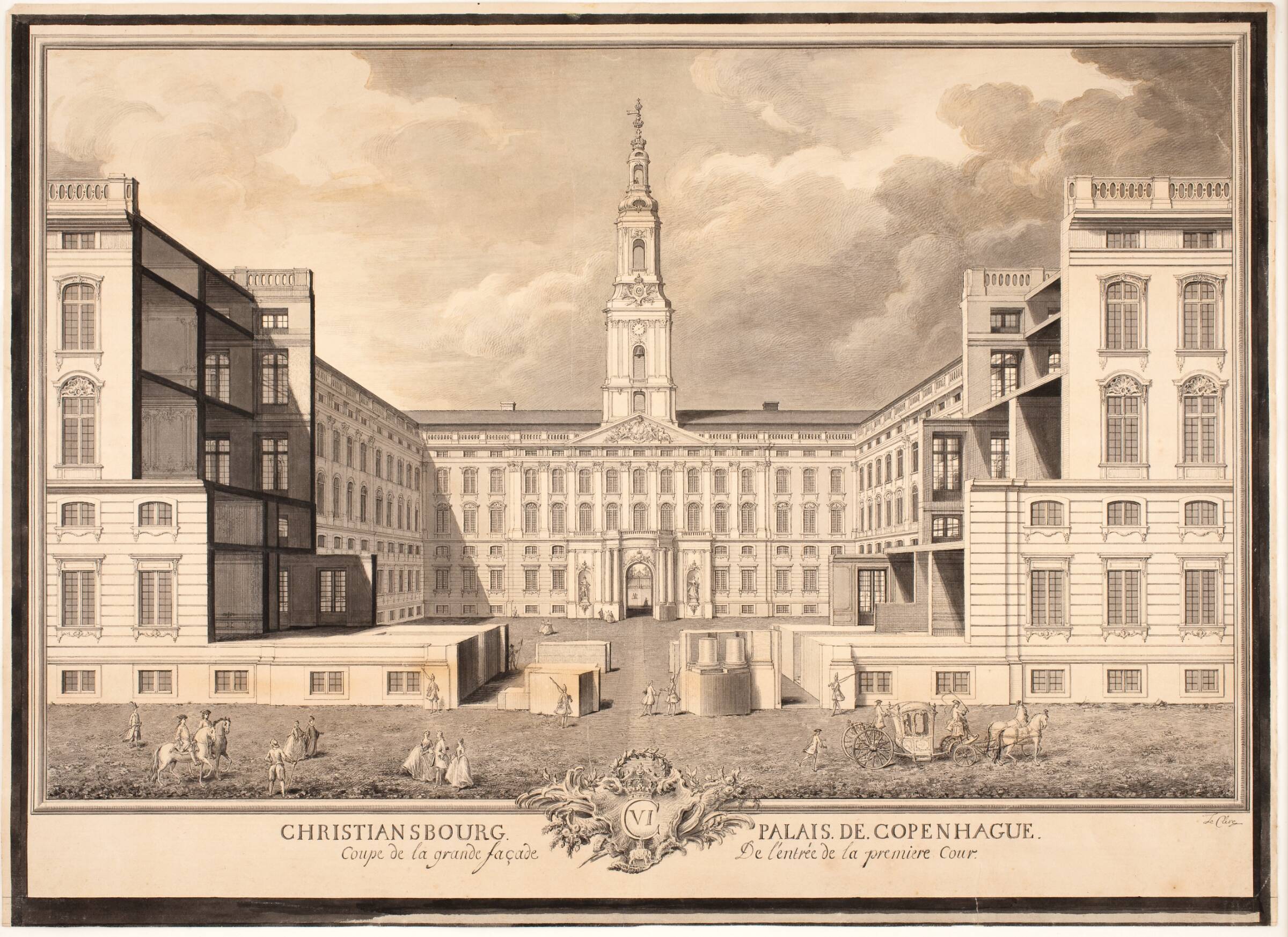 Christiansbourg Palais de Copenhague. Coupe de la grande facade de l'entrée de la premiere Cour, Louis Auguste Le Clerc, 1747