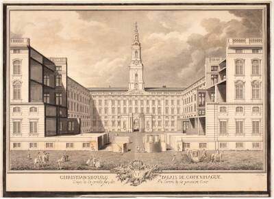 Christiansbourg Palais de Copenhague. Coupe de la grande facade de l'entrée de la premiere Cour