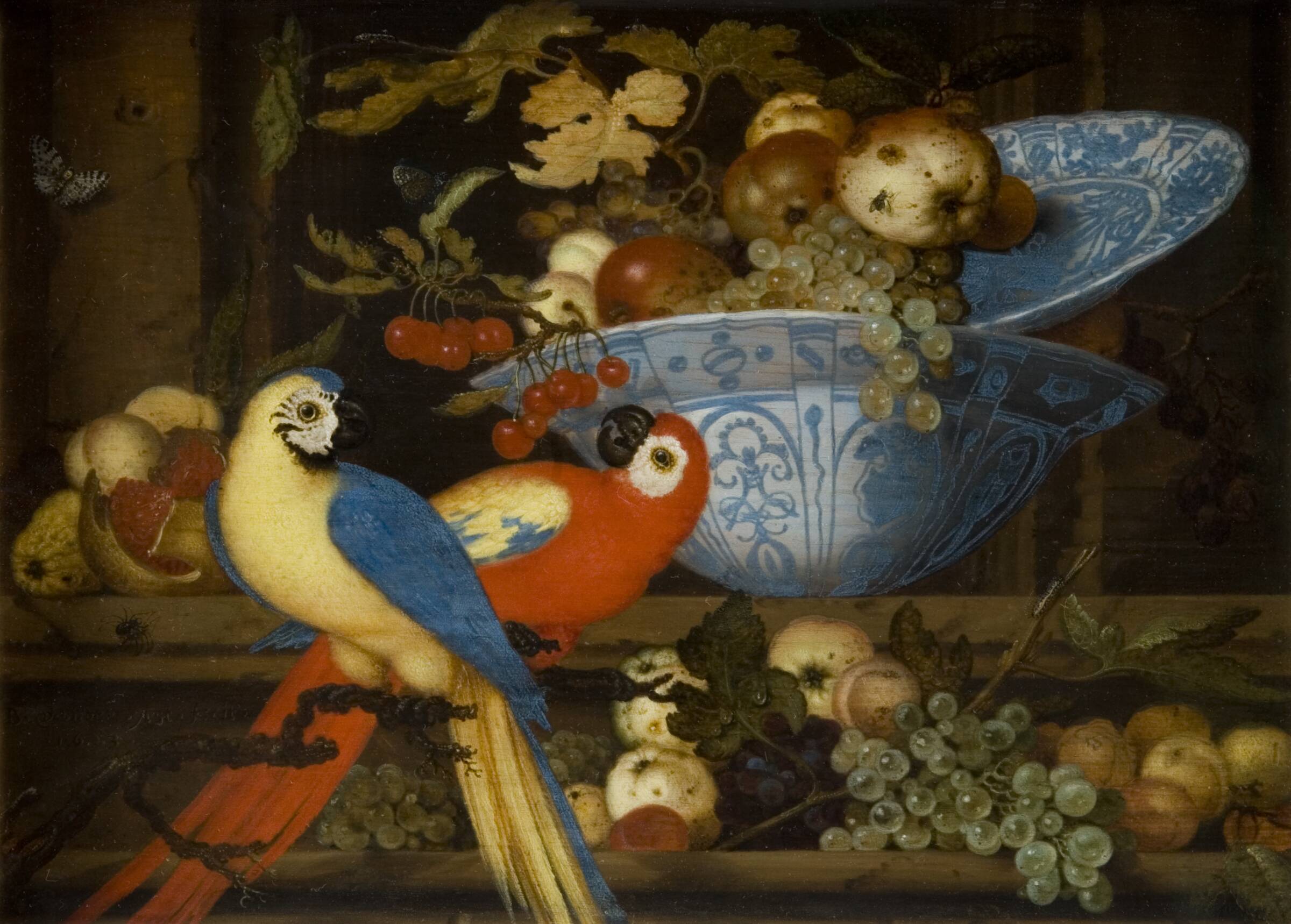 Stilleben med frugt og to papegøjer, Balthasar van der Ast, 1623