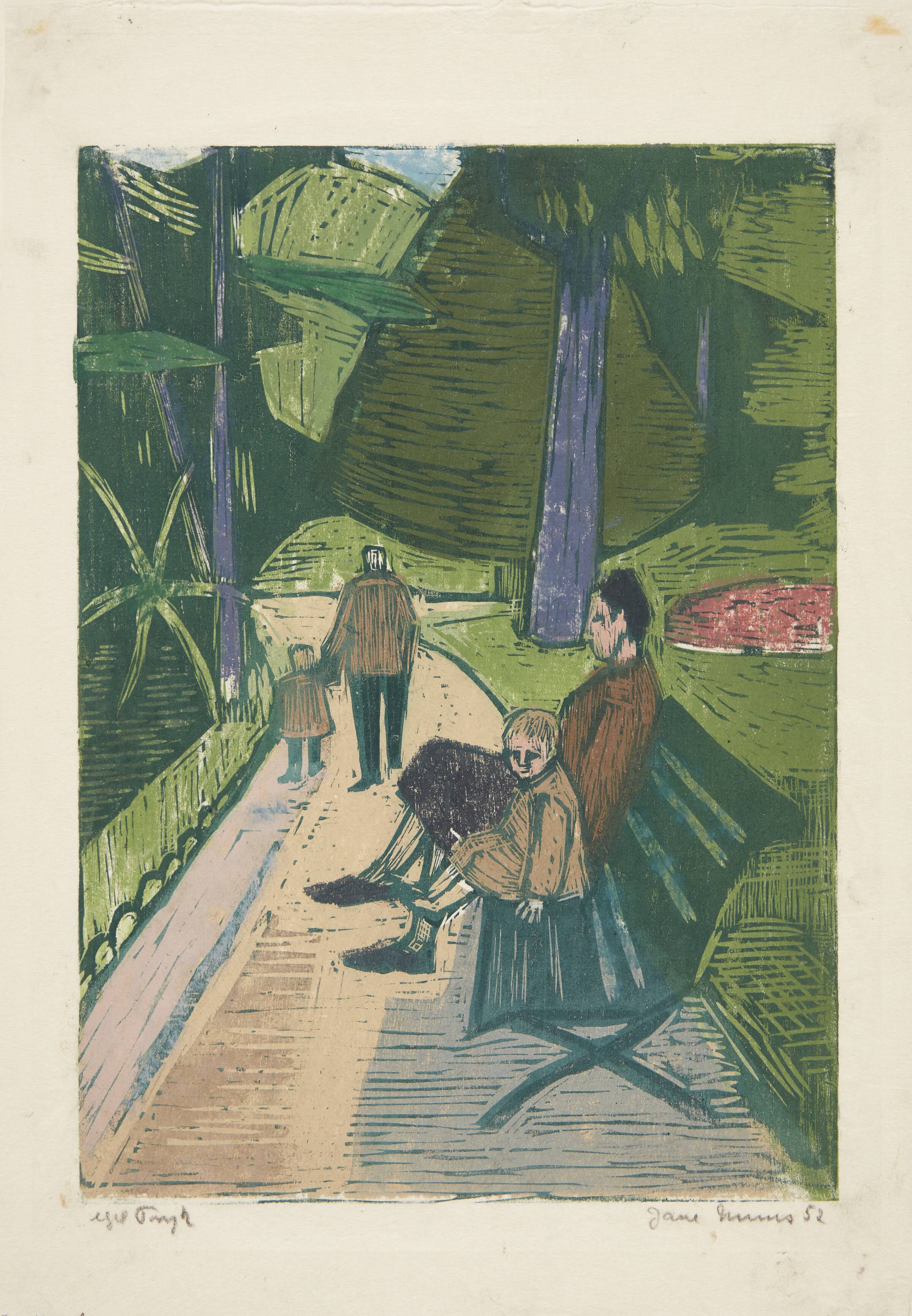 Mennesker ved havet. Rød aftenhimmel, Jens Søndergaard, 1952