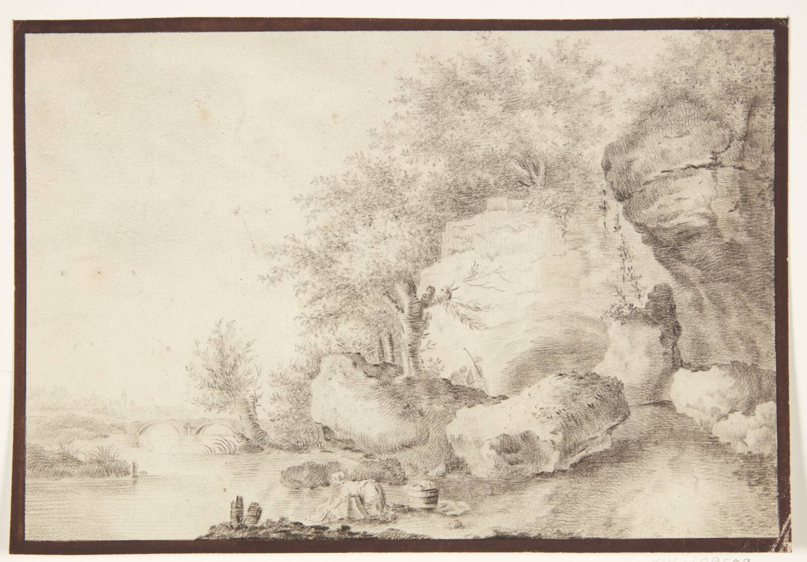 Sydlandsk bjerglandskab med vandløb og bro. I forgrunden vaskende kvinde, by Johanna Fosie, 1726-1764